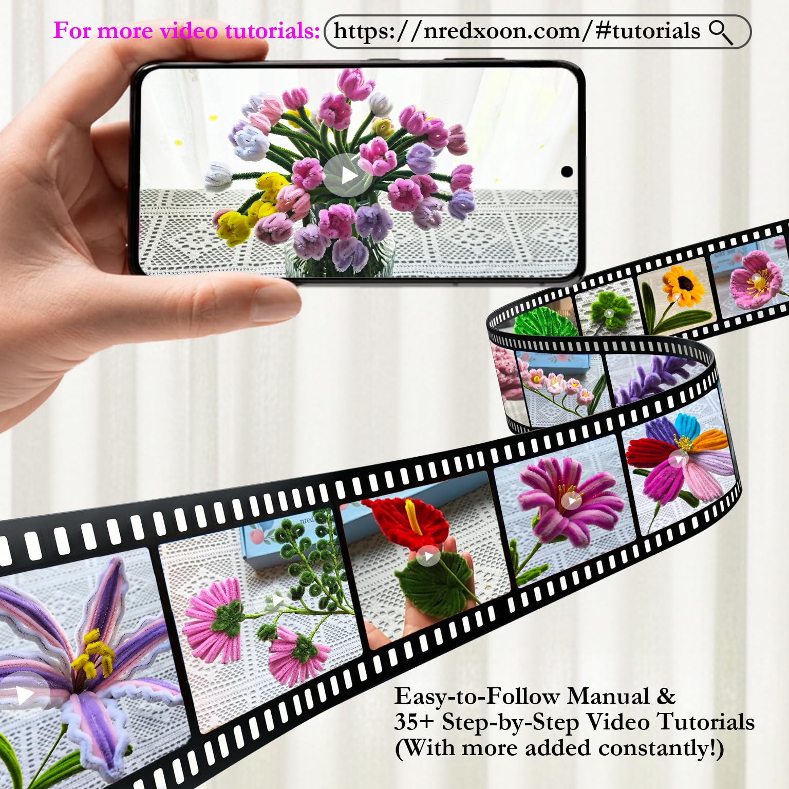 NREDXOON Pfeifenreiniger-Blumen-Set mit Heißklebepistole und Video-Tutorials, DIY-Blumenstrauß-Bastelset, einfaches Bastelzubehör für Erwachsene, Senioren, Pflegeheime, Anfänger und
