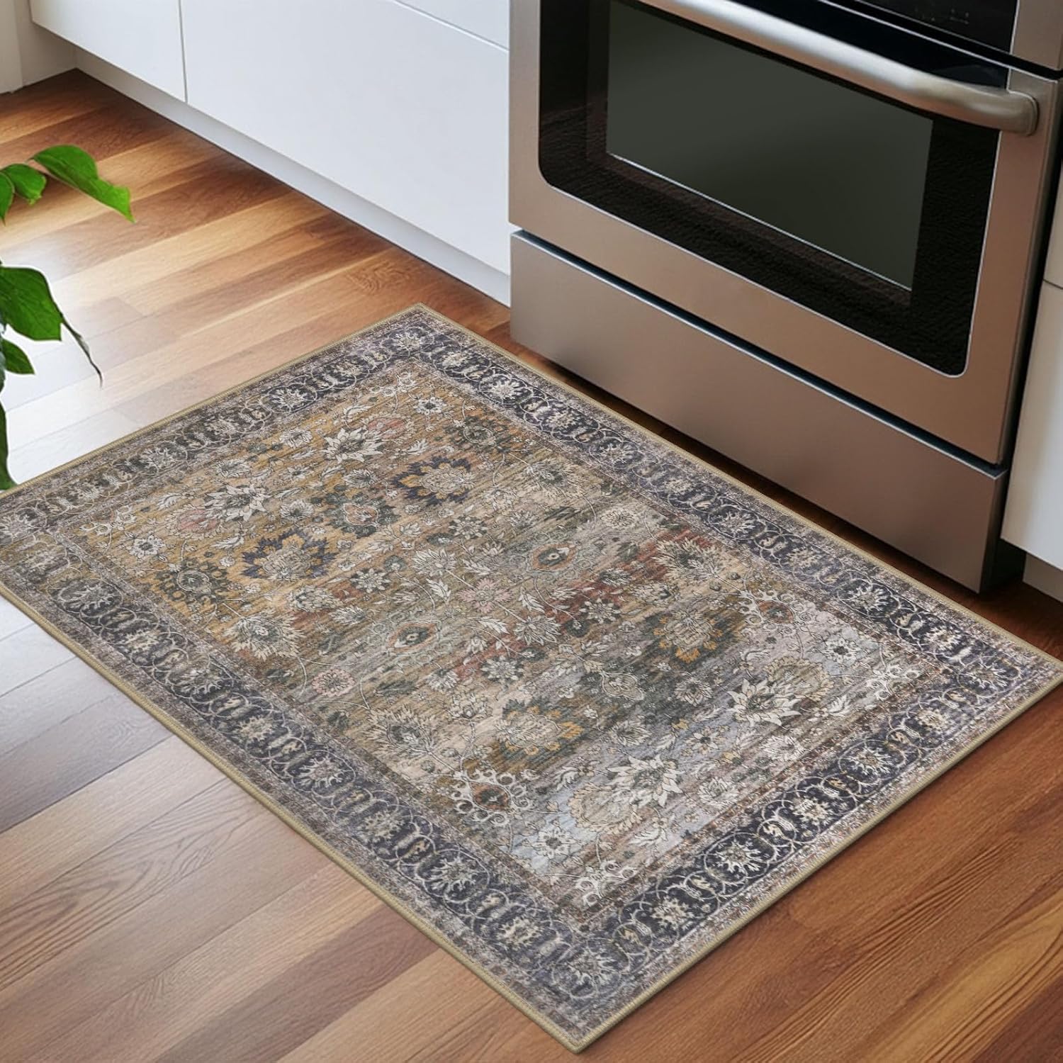 KOZYFLY 2 PCS 2x3, 3x5 Rugs Washable Floral Rugs Soft Small Area Rugs Non-Slip Non-Shedding Faux Wool Multi-Color Vintage Rug for Door Mat, Kitchen, Floor, Entryway, Powder Room