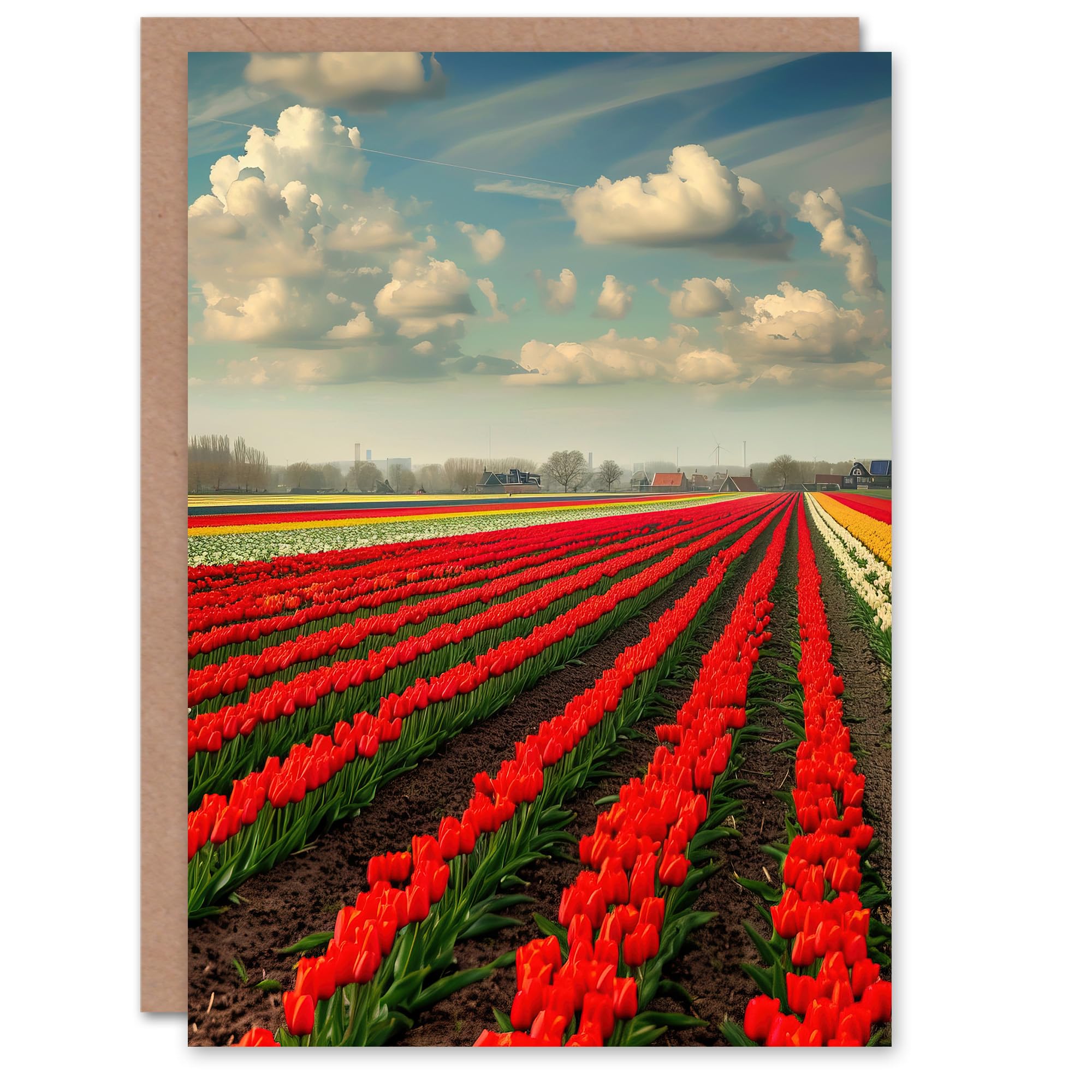 Artery8 Tulip Fields Blue Sky Painting Holland Modern Greeting Birthday Card Him Her All Blank
