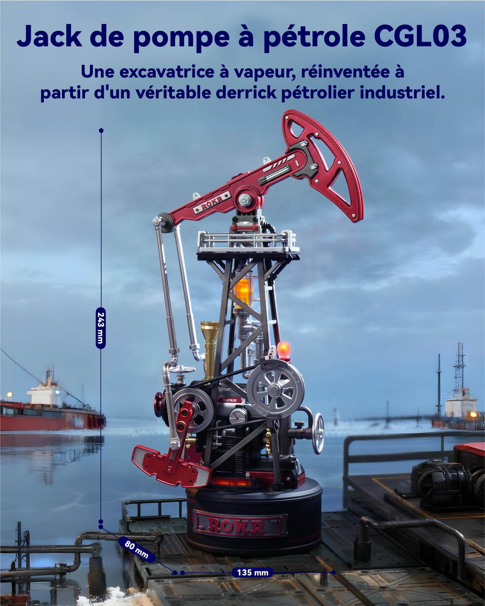 ROKR Puzzle 3D Modèle de Montage Mécanique, Maquette en Plastique Métal a Construire Adulte, Cadeaux DIY à Thème Industriel (Oil Pump Jack) CGL03