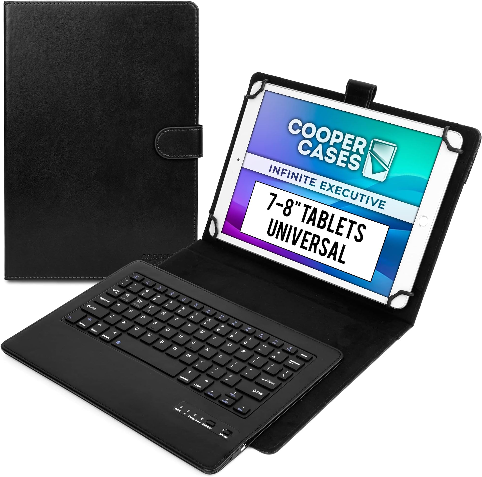 COOPER Infinite Executive Universal Tablet Keyboard Case for 7, 7.9, 8 inch | Tablet Case with Keyboard & 2-in-1 Leather Folio Cover | Bluetooth, Wireless, Hotkeys | Android, Windows, iPadOS (Black)