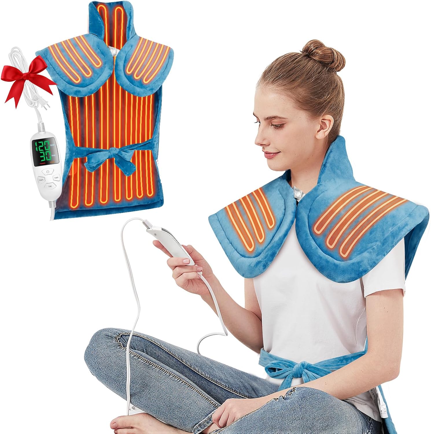 Electric Heating Pad for Back, Neck & Shoulders – 25"x37" Large Weighted Heating Pad for Full Body Pain Relief & Muscle Relaxation – 5 Temps, 4 Timers, Auto Shut-Off – Gifts for Women, Men, Mom & Dad Blue