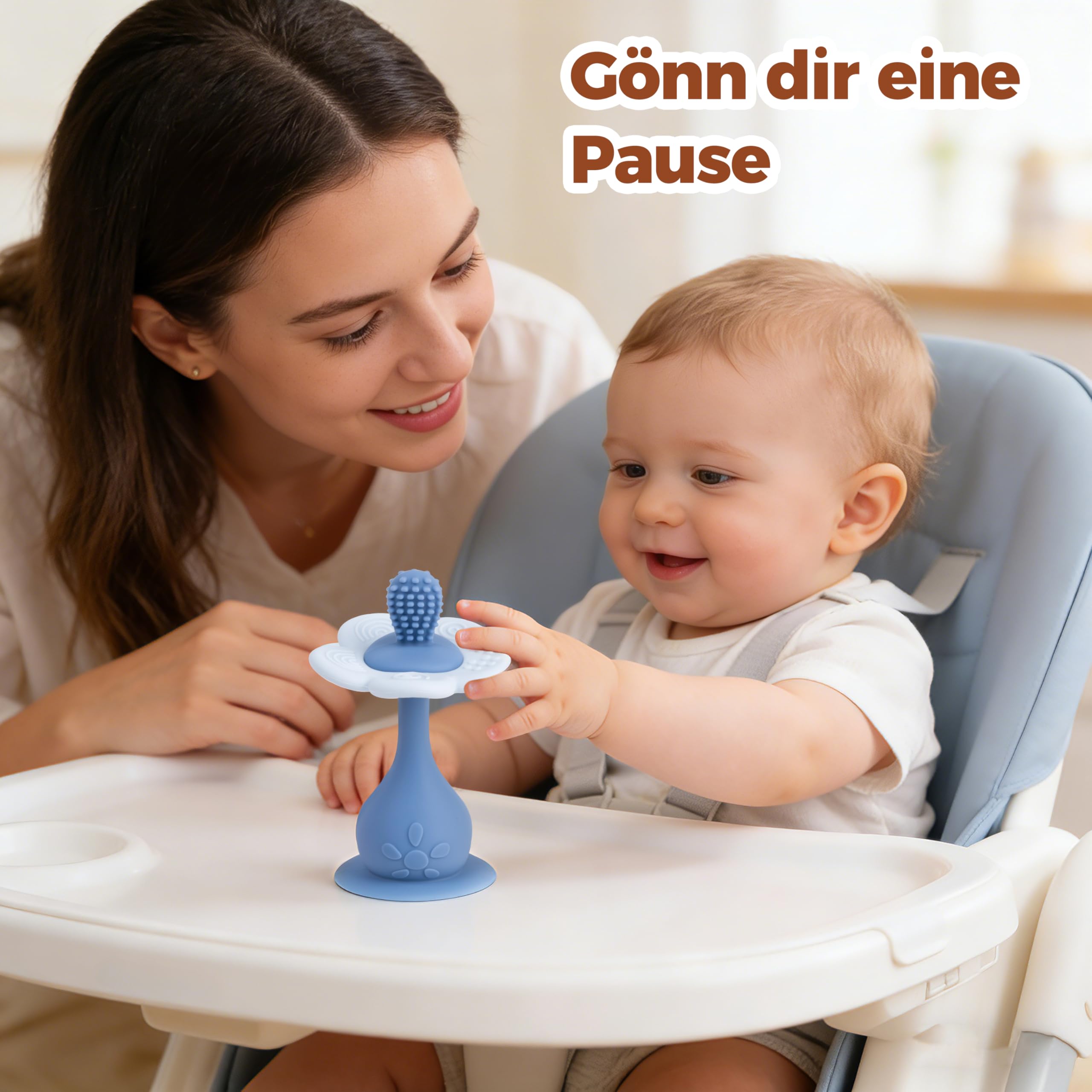 Farout! Gryzak dla niemowląt z motywem kwiatowym, nie zawiera BPA, pierścień chwytający z przyssawką, zabawka Montessori od 3 miesięcy, dla chłopców i dziewczynek (niebieski)