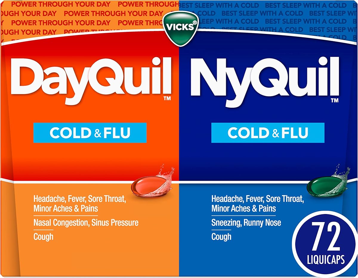 Vicks DayQuil & NyQuil Co-Pack, Cold & Flu Over-the-Counter Medicine, Powerful Multi-Symptom Daytime and Nighttime Relief for Headache, Fever, Sore Throat, Minor Aches and Pains, and Cough, 72ct