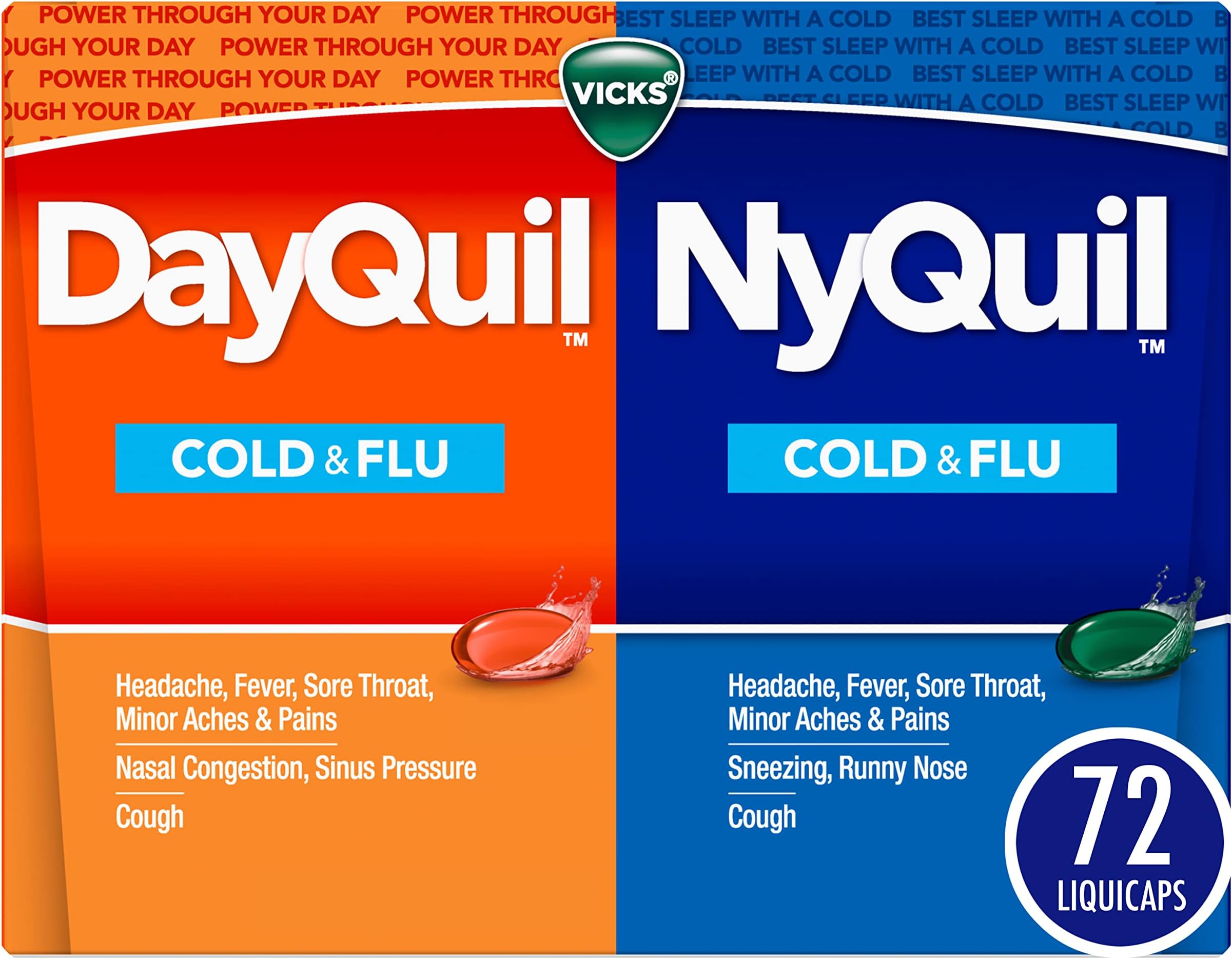 DayQuil & NyQuil Co-Pack, Cold & Flu Medicine, Powerful Multi-Symptom Daytime & Nighttime Relief for Headache, Fever, Sore Throat, Minor Aches & Pains, & Cough, 72ct