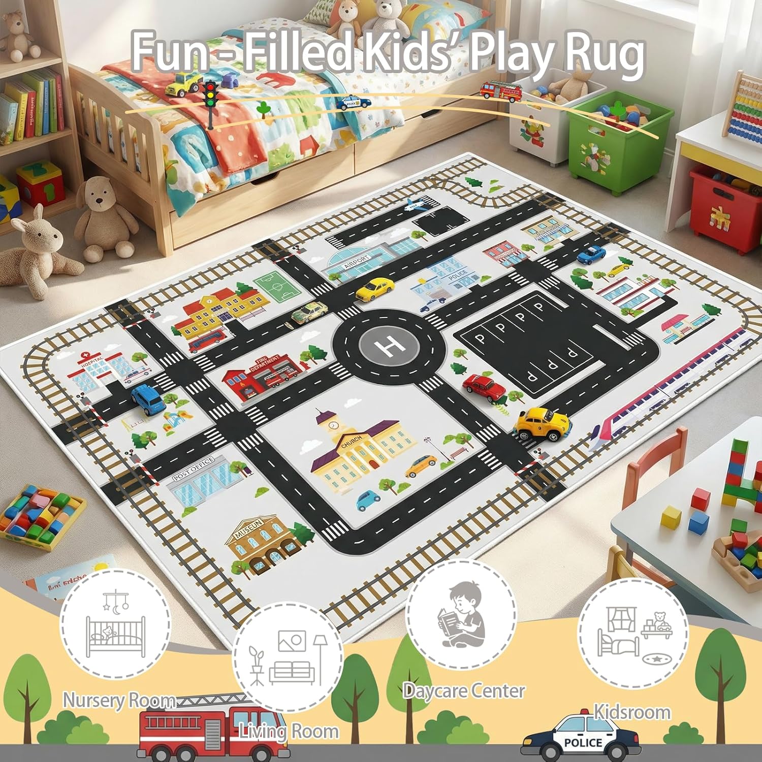 Faux Wool Car Rug Play Mat for Kids Toy Cars, 5'x7' Road Rug Train Track Playmat Educational City Map Washable Carpet for Boy Playroom Bedroom Nursery, Non Slip Kids Area Rug for Children Toddler