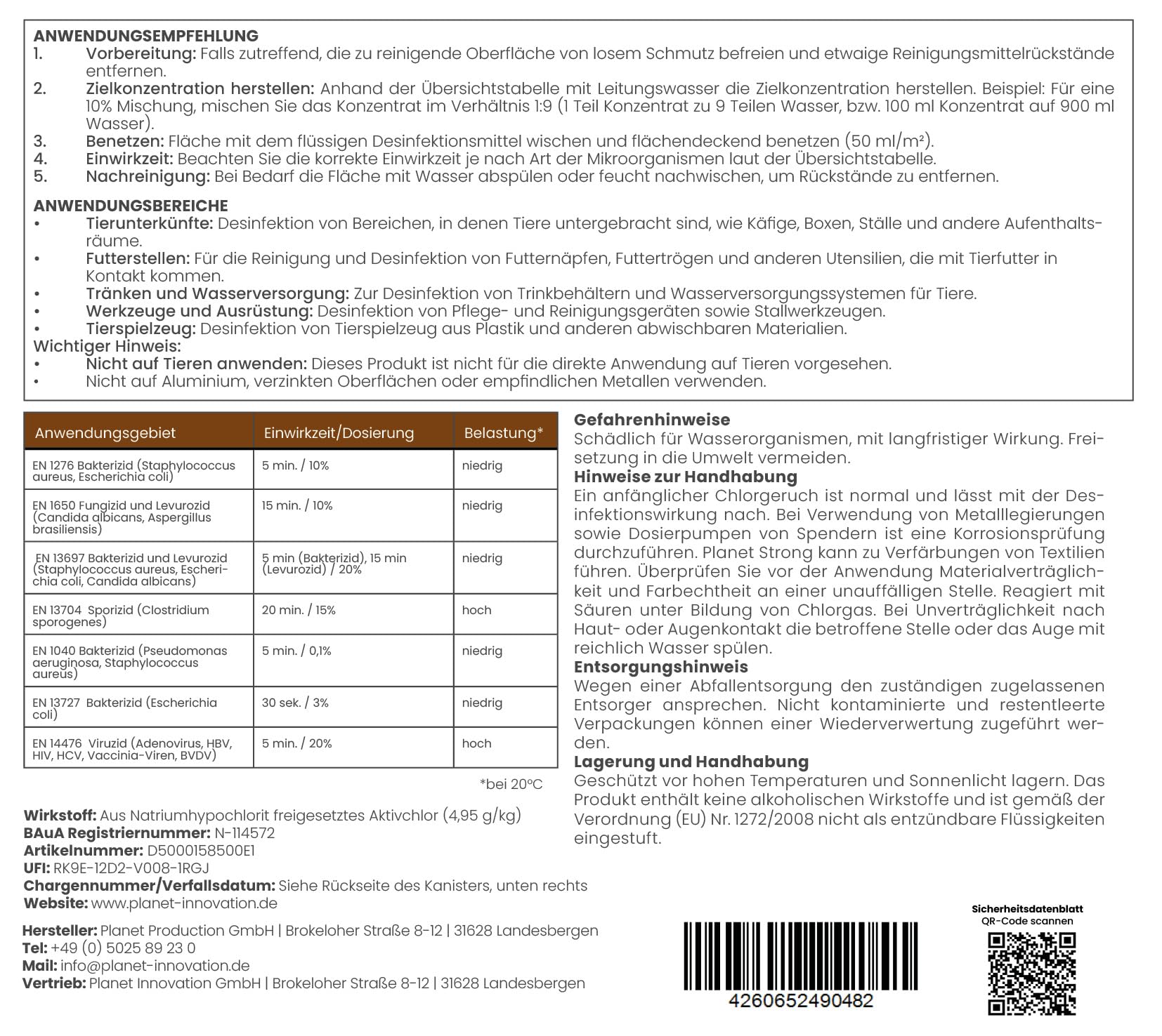 5L Stalldesinfektionsmittel Konzentrat Planet Strong® – Wirksam gegen Bakterien, Pilze & behüllte Viren (z. B. Influenza-Viren) – Für Ställe, Tierhaltung, Flächen & Futterstellen | Made in Germany