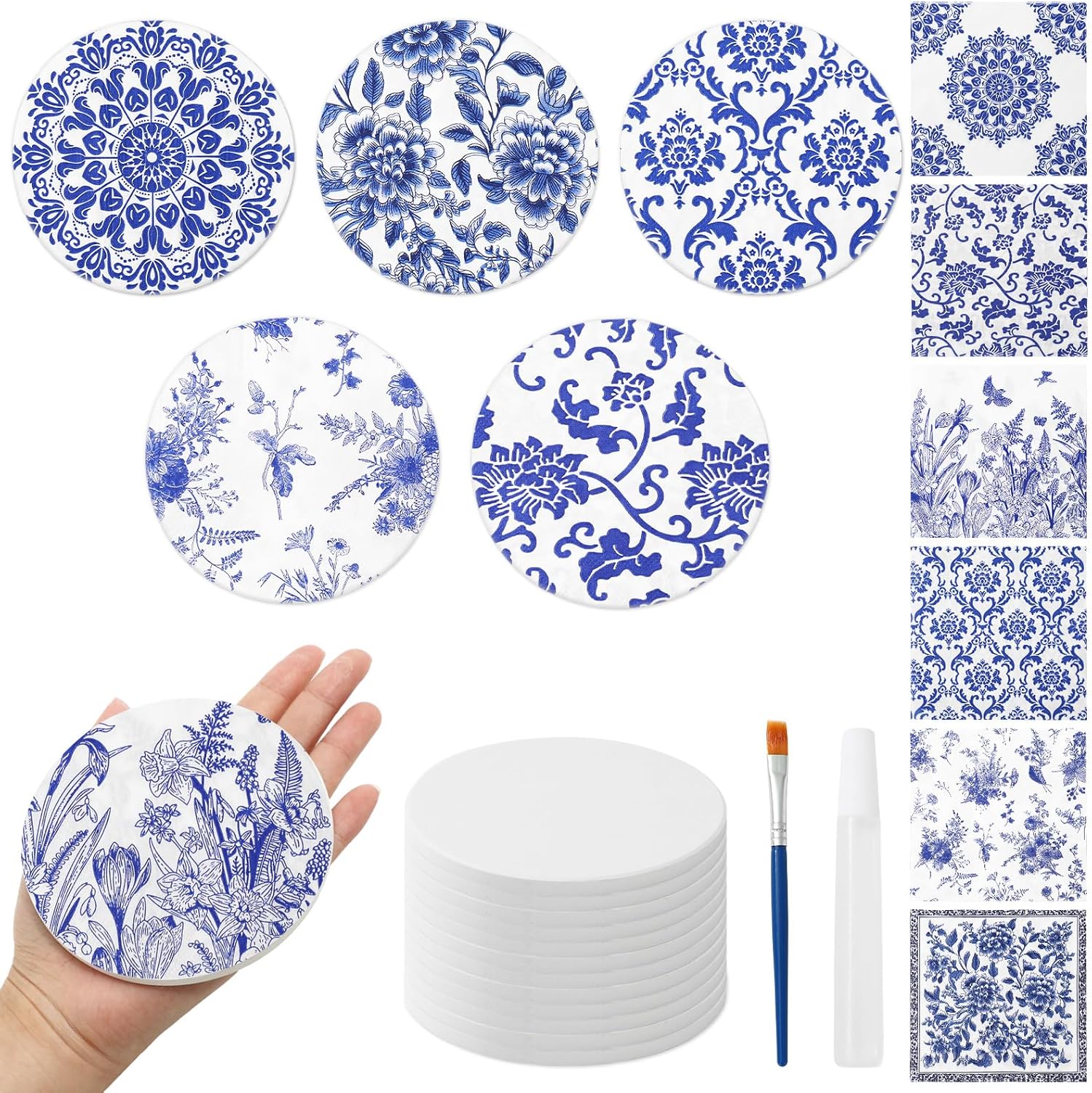 JarThenaAMCS 12 Pcs Ceramic Tile for Crafts Coasters with 24 Pcs Decoupage Paper Napkin DIY Art Crafts Brush Glue Set for Home Office Wedding Party Table Decor