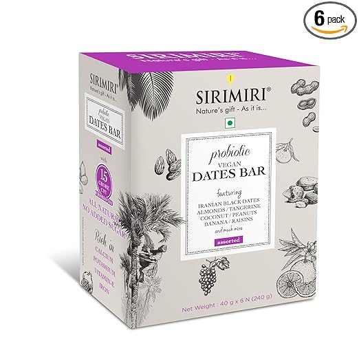 SIRIMIRI Probiotic Vegan Dates Bar - Assorted - Pack of 6 ( Each 40g)
