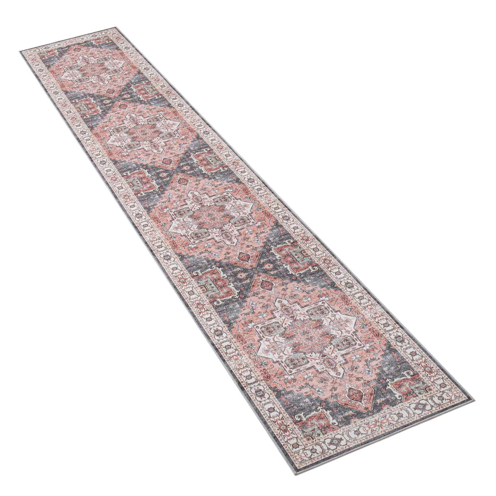 Carvapet Läufer Teppich 60x300 Cm – Rutschfester, Waschbarer Küchen- Und Wohnzimmerteppich In Grau Mit Blüten-Medaillon-Design