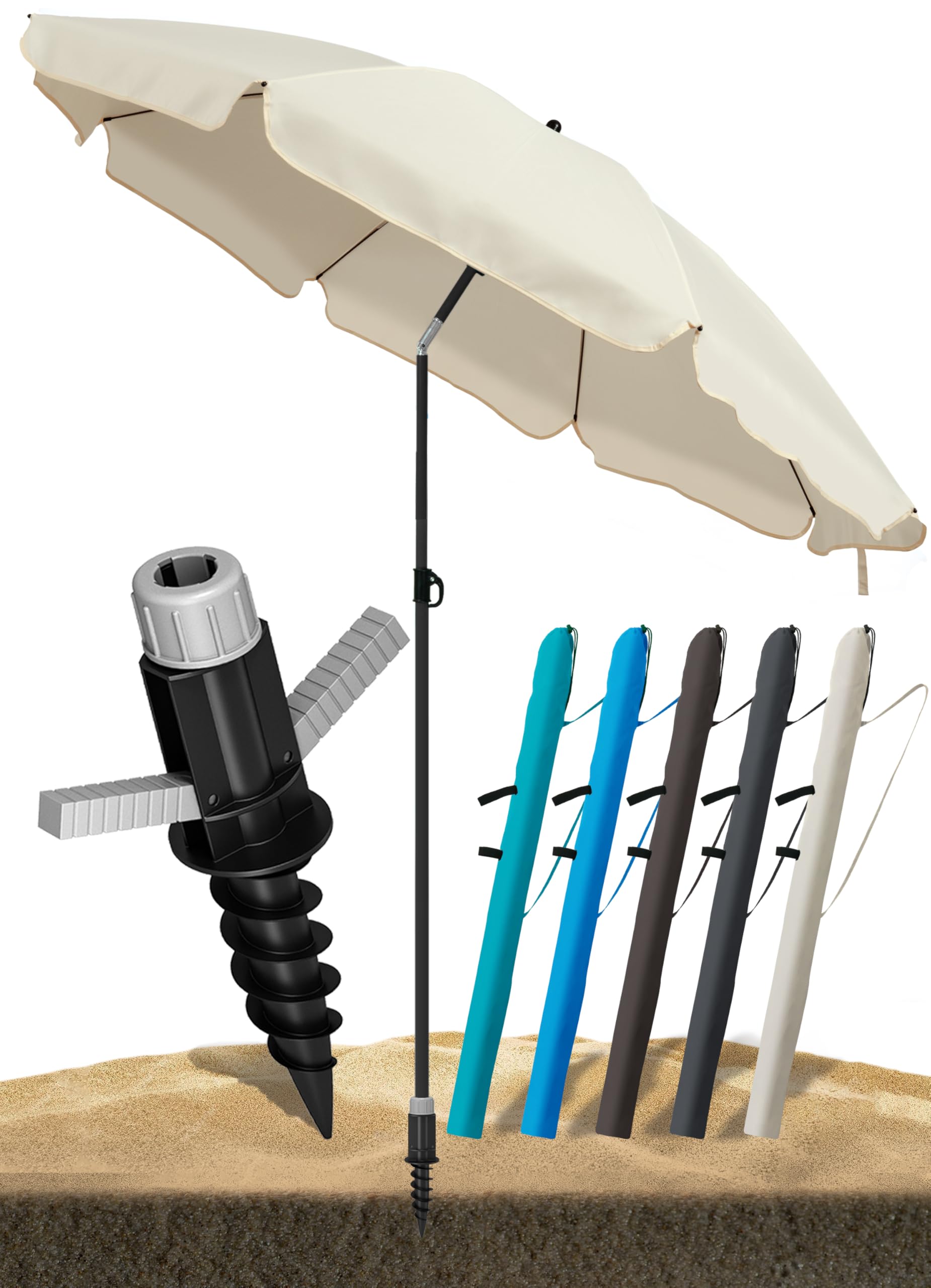 4smile Sonnenschirm Strand SunnyJoy, 3-in-1 SET, Beige - UPF 50+ Strandschirm Ø 180 cm + Sonnenschirm-Bodenhülse + Sonnenschirmhülle - Komplettes Sonnenschutz Strand Set