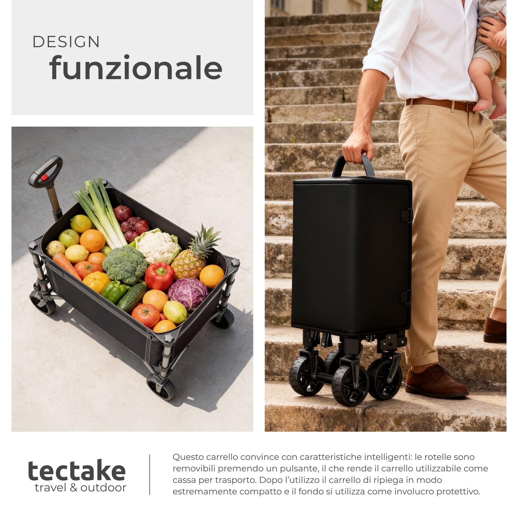 tectake®, Carrello con Ruote Portatutto a mano pieghevole, 120 L portata max 60 kg in acciaio, Carrellino con Ruote Portatutto, trolley con manico, ruote girevoli con freno, carrello spesa, campeggio