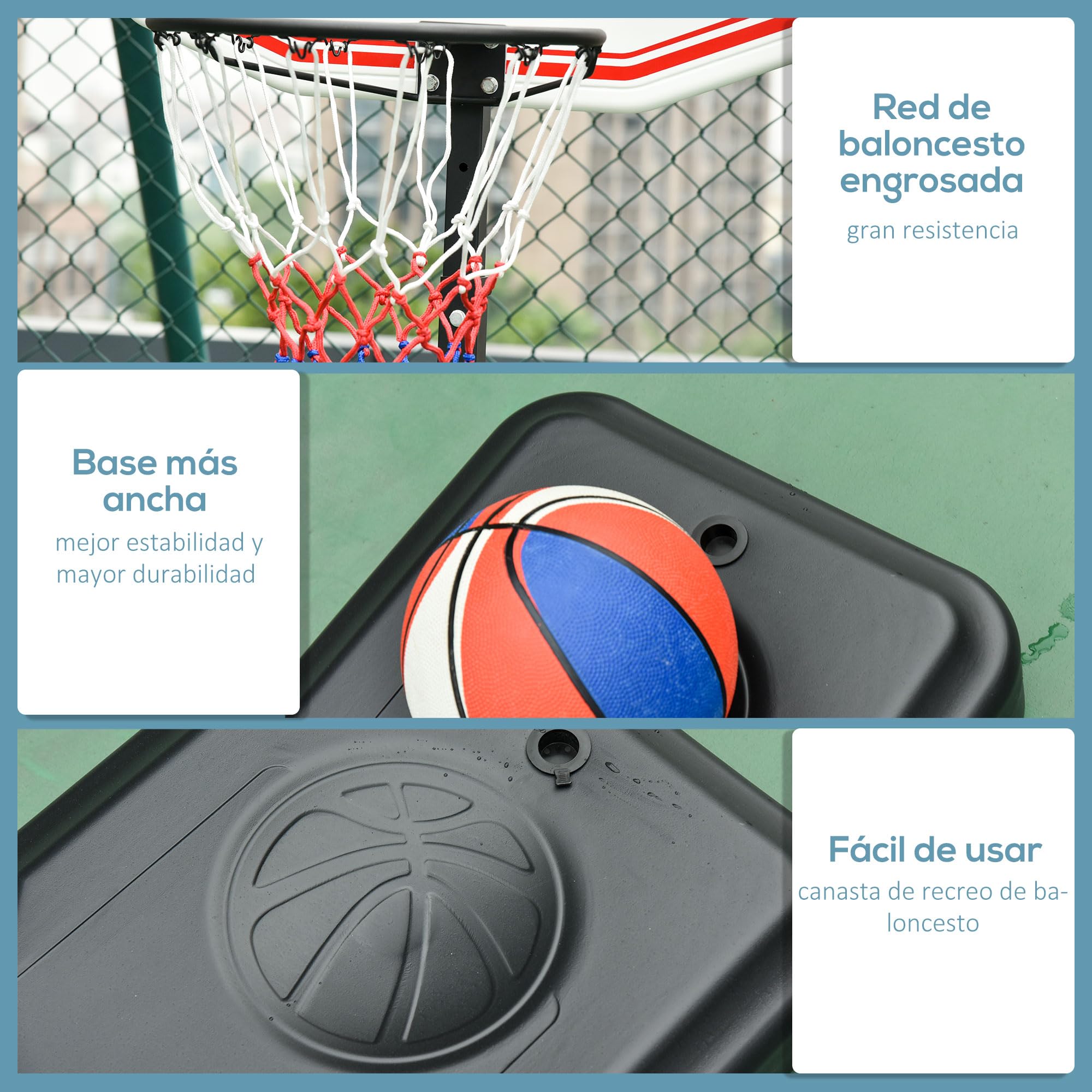 HOMCOM Canasta de Baloncesto Ajustable 155-210 cm Portátil con Ruedas Base Rellenable 30 kg Agua 35 kg Arena Multicolor