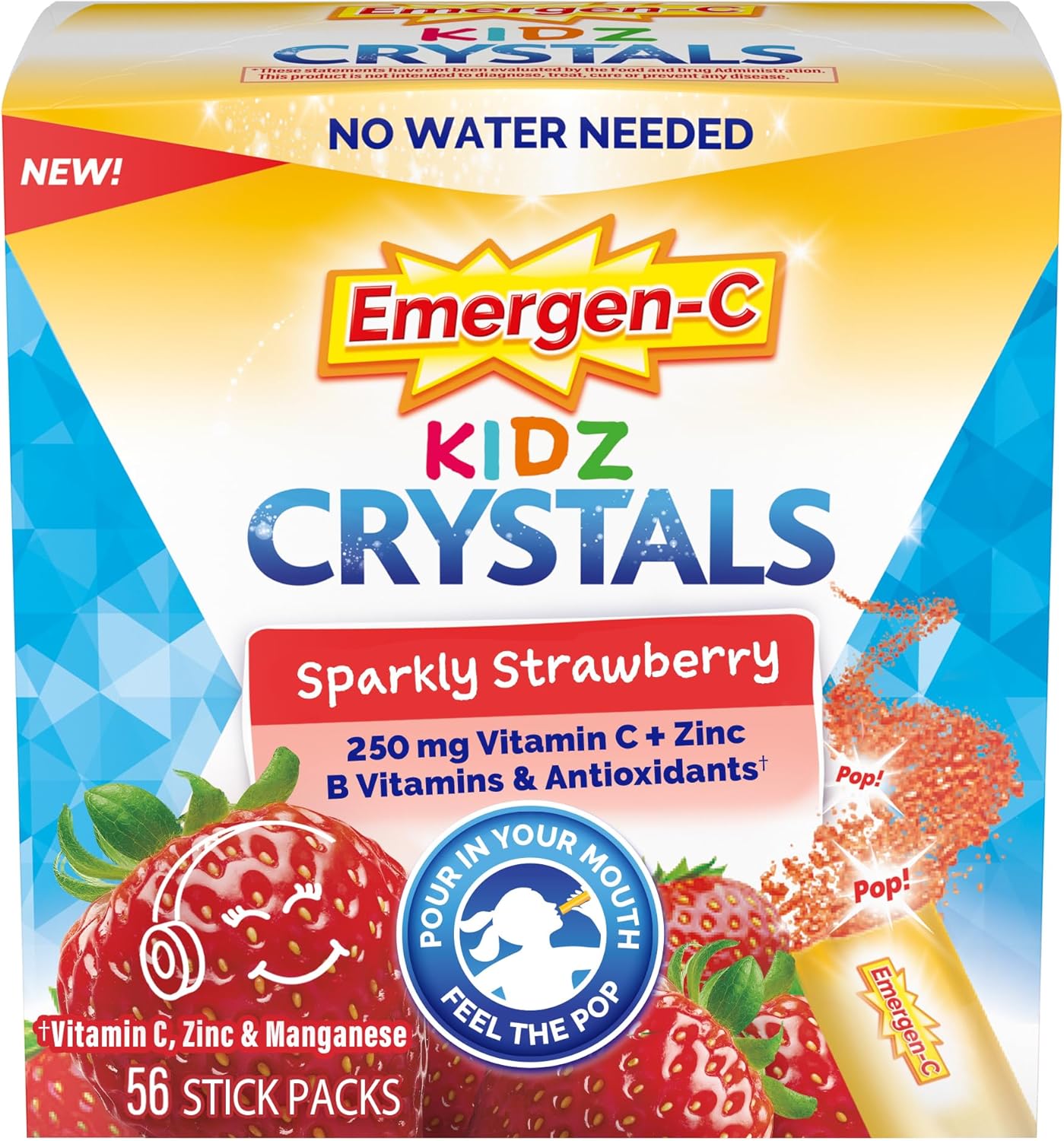 Emergen-C Kidz Crystals, On-the-Go Emergen-C Immune Support Supplement with Vitamin C, B Vitamins, Zinc and Manganese, Sparkly Strawberry, Stocking Stuffer – 56 Stick Packs
