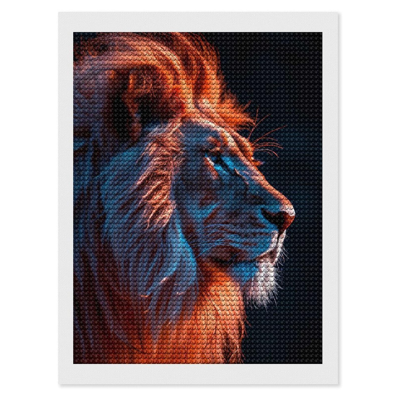 Junmoney Lion Portrait with Orange and Blue Lighting Diamond Painting Set 12"x16", Full Kit Included, Sparkling Round Gems, Farmhouse Decor, Festive Craft Gift