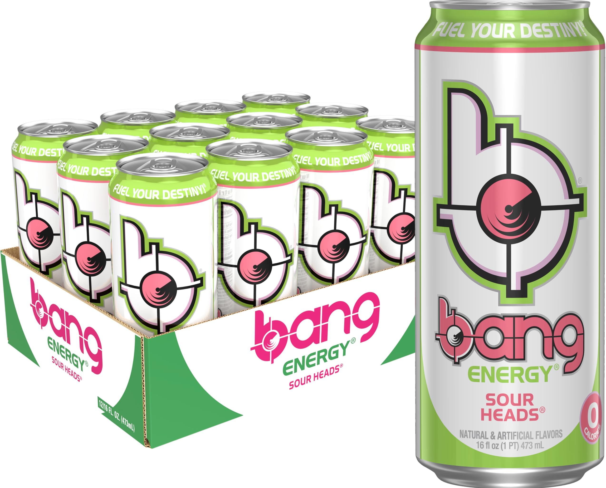 Bang Energy Sour Heads, Sugar-Free Energy Drink, 16-Ounce | Pack of 12