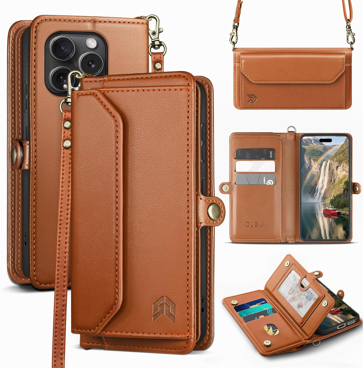DJBull for iPhone 16 Pro Max 6.9" Wallet Case with Card Holder, Shoulder and Wristlet Straps, Soft PU Leather, Magnetic Snap, Flip Phone Case for Women Men for Apple 16 Pro Max Black