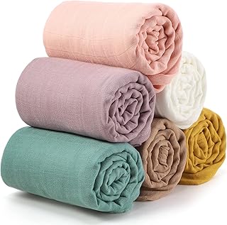 6 Pieces Muslin Swaddle Blankets Breathable Bamboo Cotton Baby Blankets for Boys Colorful Baby Swaddle Receiving Blankets Soft Cotton Newborn Blankets Unisex for Baby Boys and Girls (Bright Colors)