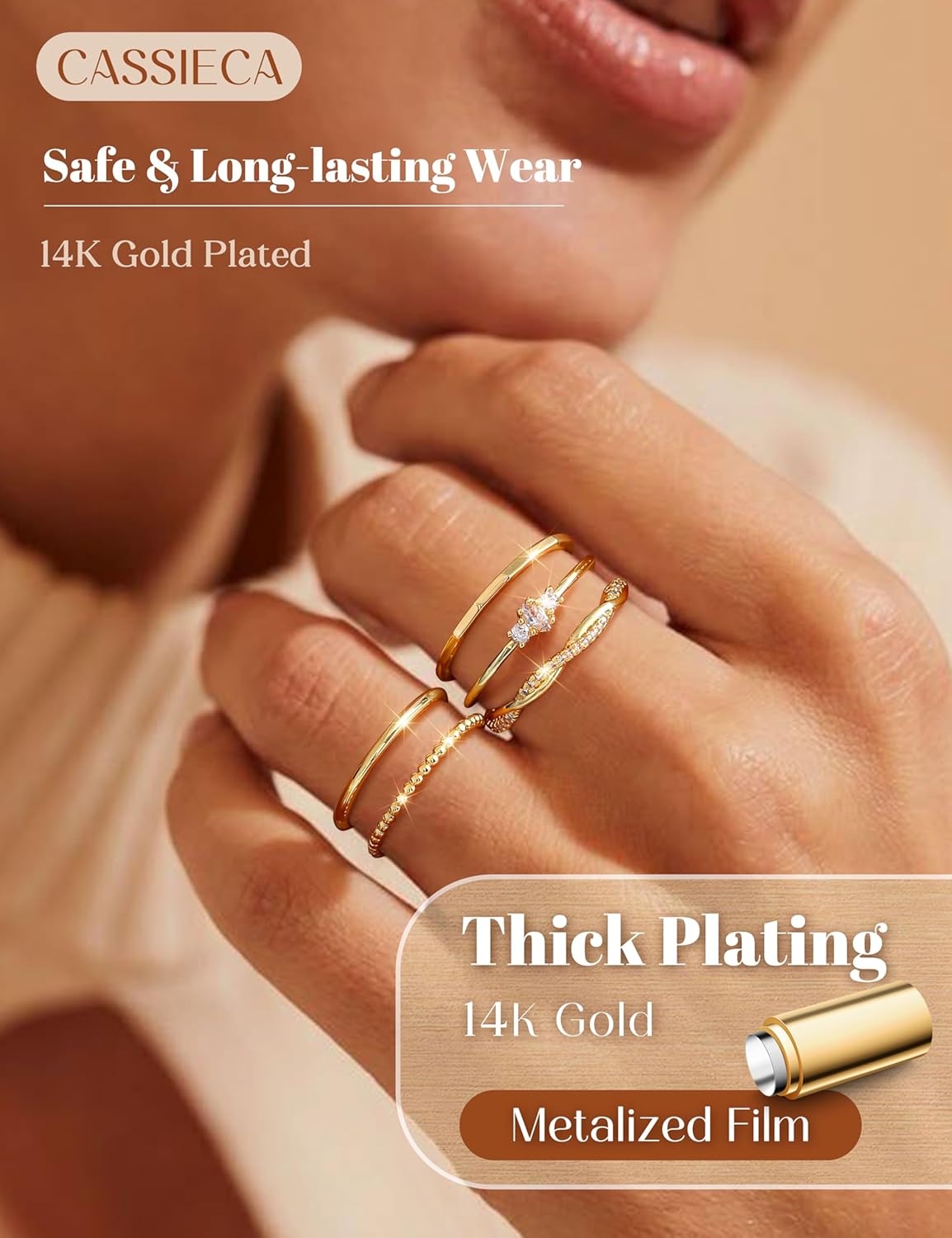 CASSIECA 14K Gold Plated Stackable Rings for Women Non Tarnish Cubic Zirconia Band Rings Set Dainty Trendy Statement Engagement Promise Stacking Ring Size 5-10 - Image 2