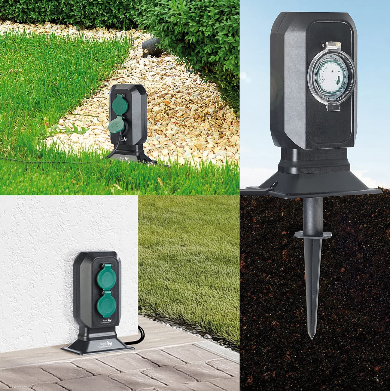 Royal Gardineer Timer Steckdose aussen: 2er-Set 2-fach-Garten-Steckdose mit Zeitschaltuhr, bis 3.680 Watt, IP4 (Outdoor Steckdose Zeitschaltuhr, Garten-Steckdose mit Timer, Verlängerungskabel)
