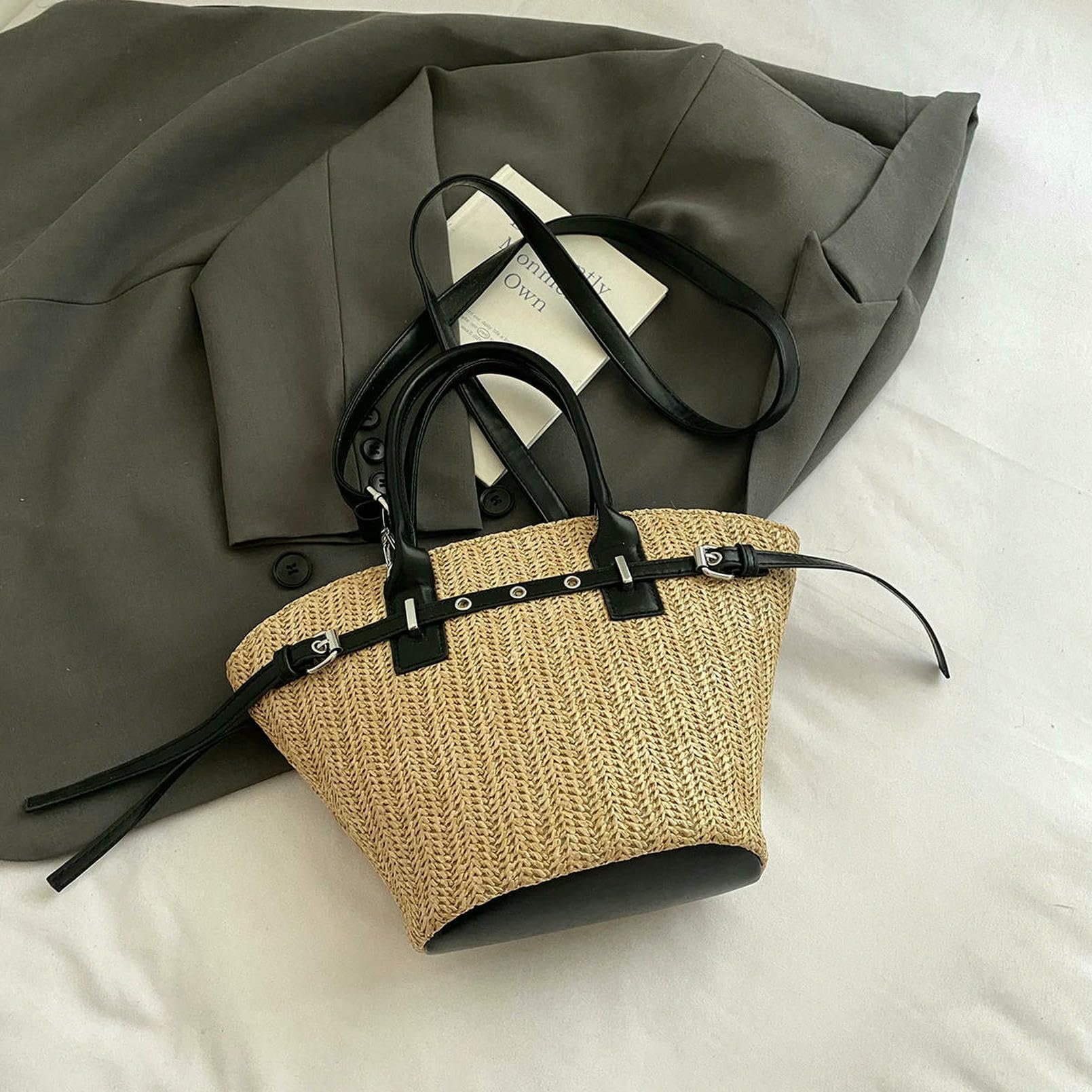 CHENSHI Tkana torebka ze słomy torby na ramię dla kobiet torby na ramię ekologiczne ręcznie robione torby plażowe lato - brązowa-35 cm x 20 cm x 10 5 cm