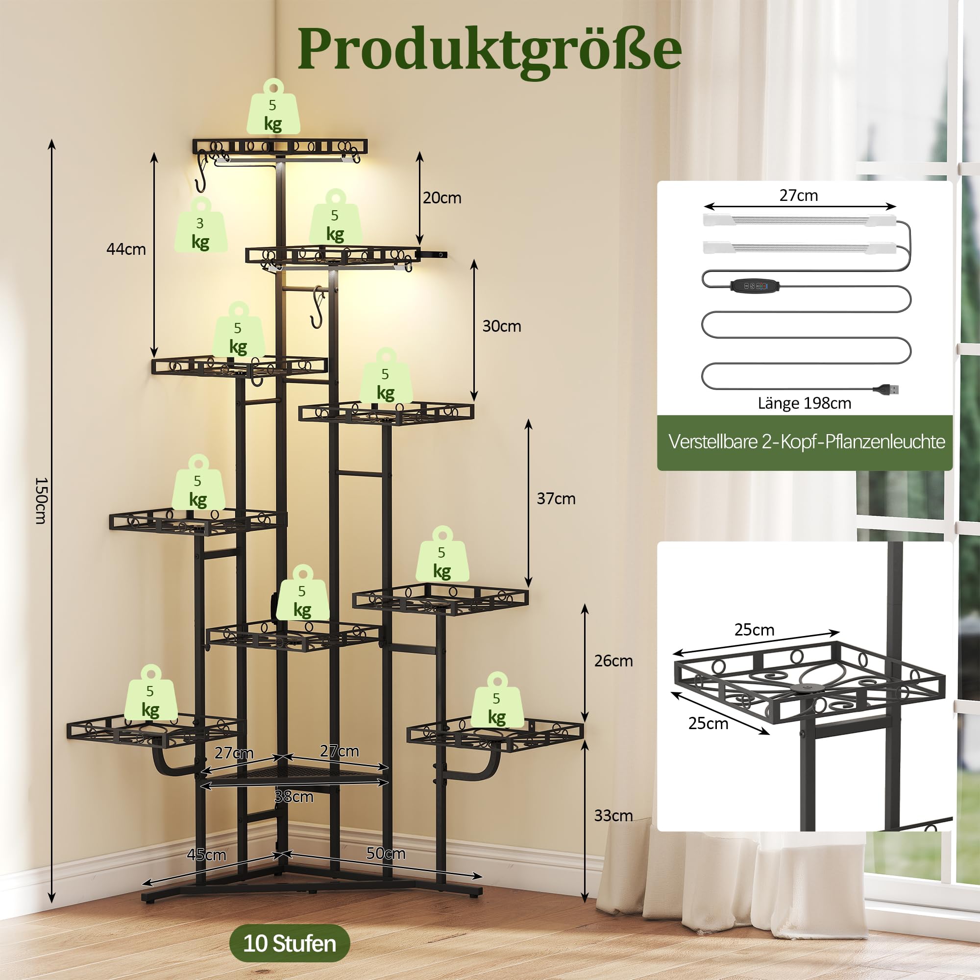 Quikraen Pflanzenständer mit Wachstumslicht, 9 Ebenen, 150cm, Schwarz | mit licht, L-förmiges Design, Rostbeständigen, Outdoor & Indoor, Für Wohnzimmer, Für Garten, Für Balkon, Einfacher Aufbau