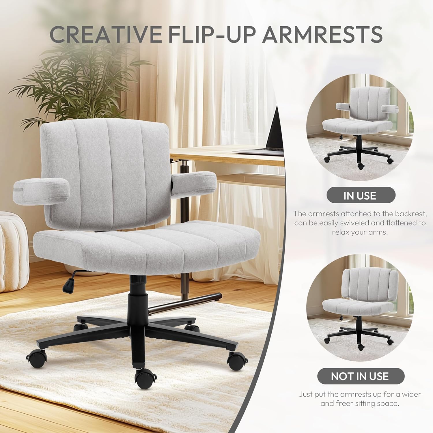 Vigosit Criss Cross Wheeled Chair - Adaptable Comfort for Every Need, High-Backed, with Adjustable Wide Armrests, Anti-Skid Fabric Upholstery, and a Sleek Modern Aesthetic for Home Office Use (Grey)
