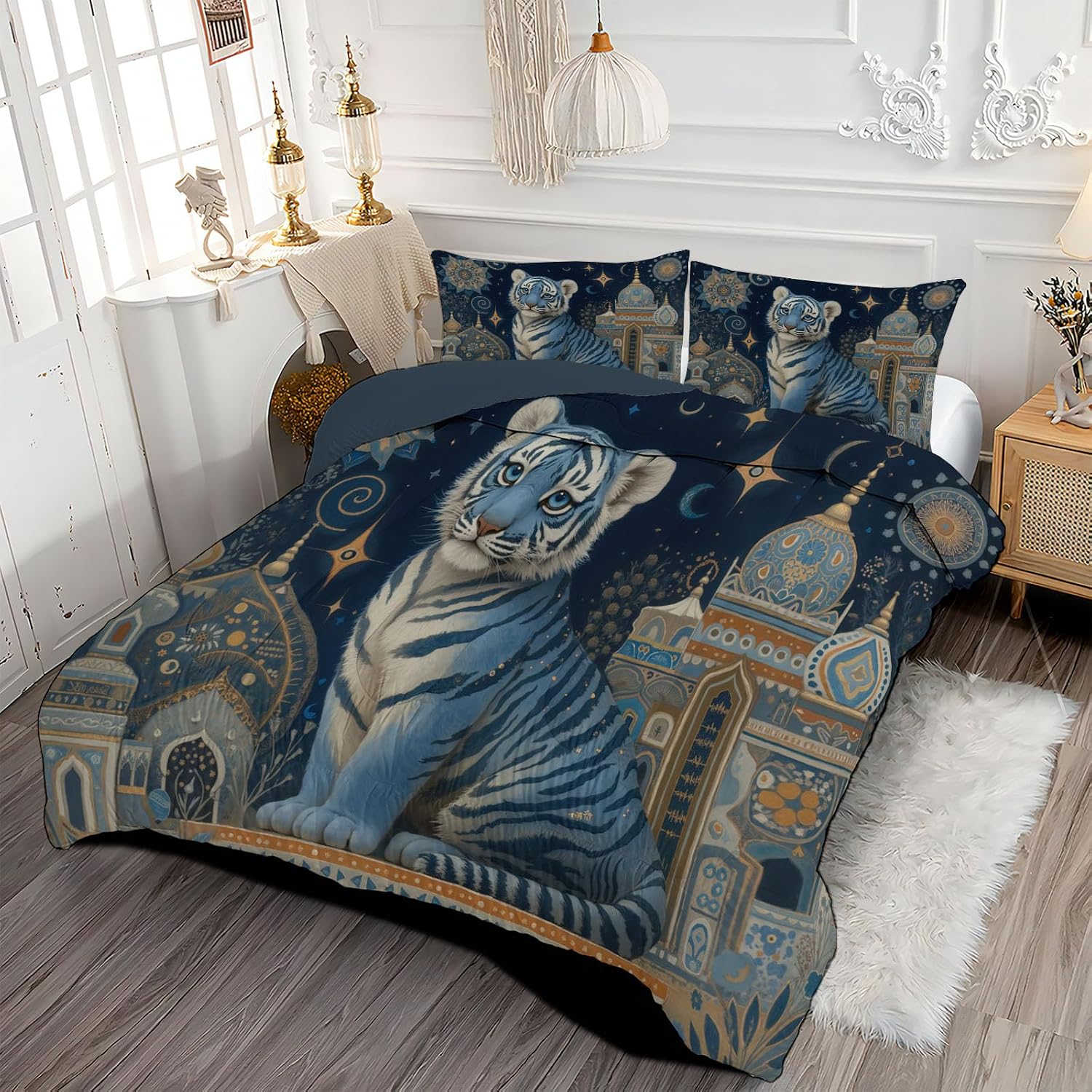 Blue 68" x 86" Duvet, Reversible Coverless Children Boys Girls 2 Duvet, Twin Washable Quilt 7.5 Tog for All Seasons, Simplicity India Palace Comforter with 1 Pillowcases