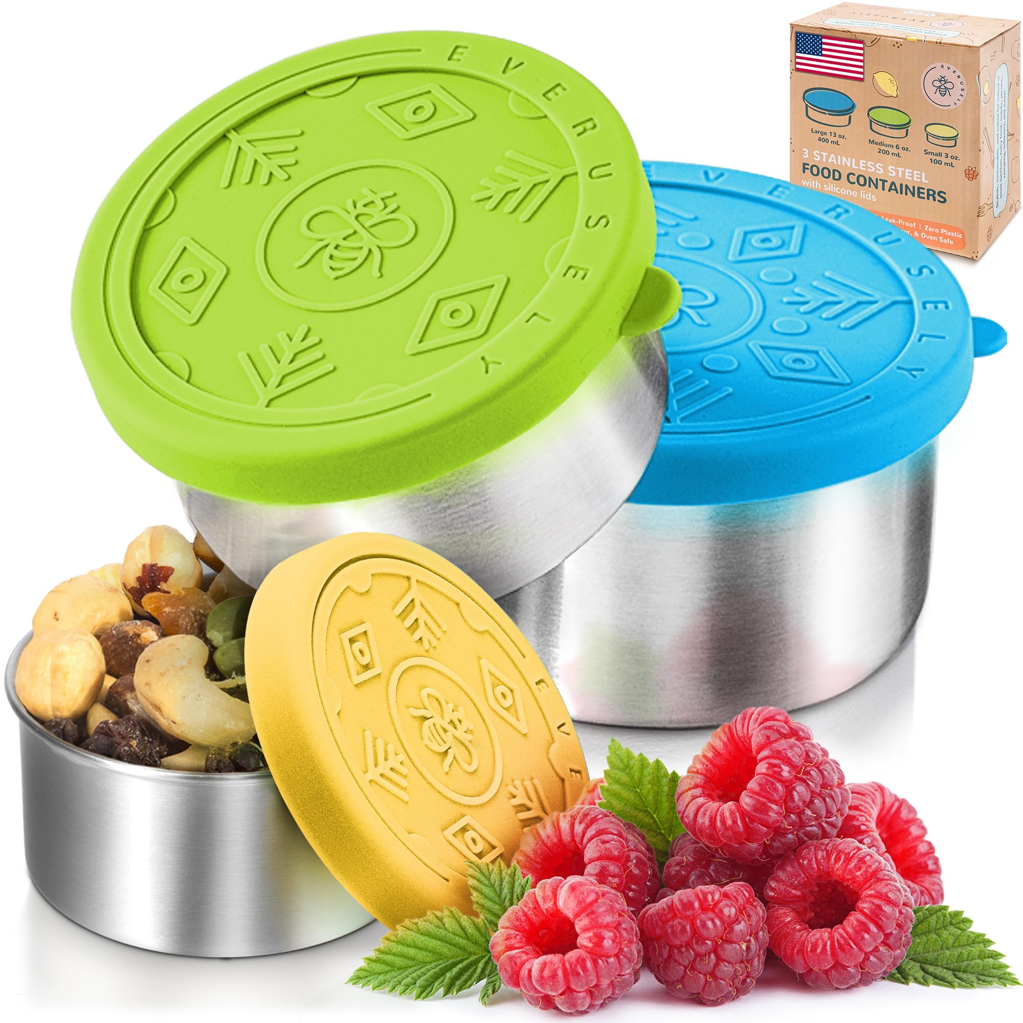 Everusely - Stainless Steel Food Containers - 3 Pack, Summer - Metal Lunch Box - Snack Containers for Office, Home Food Storage - Leakproof with Silicone Lids - Dishwasher and Freezer Safe โ image 1