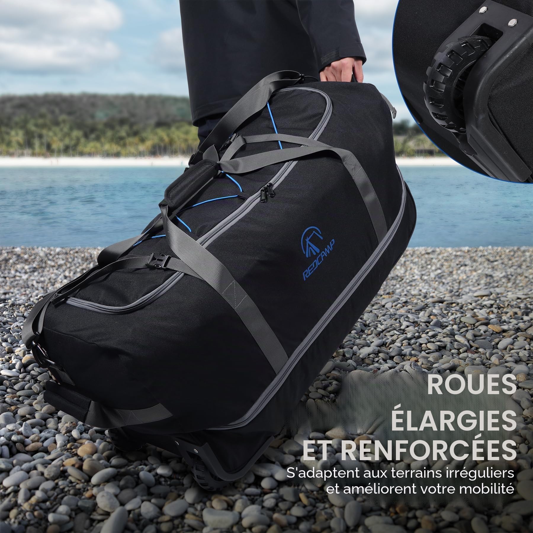 REDCAMP 110-140L Sac de Voyage à roulettes Extensible | Transport Main/Épaule/Traîné | sans Tige Télescopique - Pliable et Compact | Grand Sac Duffle pour Sport, Camping, Randonnée, Voyage - Noir