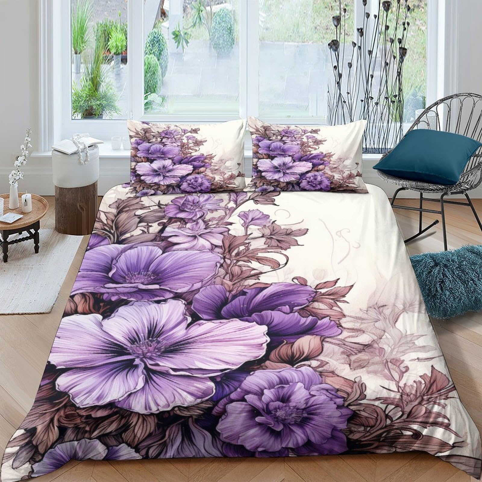 Housse de couette 3D imprimée fleurie king 220x240cm IOFEER avec ses deux taies d'oreiller