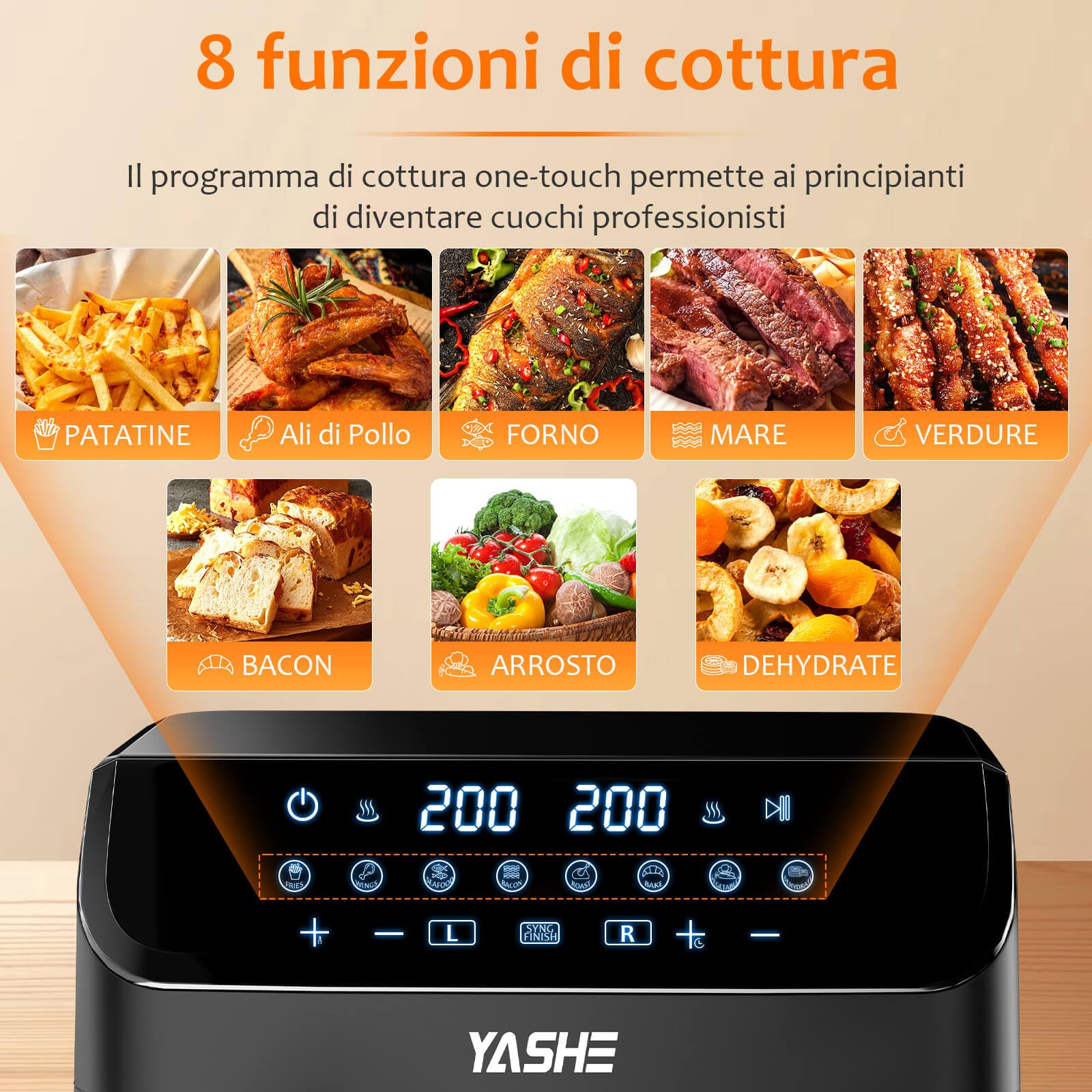 YASHE Friggitrice ad Aria Doppio Cestello, 9L XXL Capacità Friggitrice Aria con 2 Cestelli Separati, 8 in 1 Programmi di Cottura, Touchscreen LED, Cottura Sana, Veloce e Versatile Air Fryer