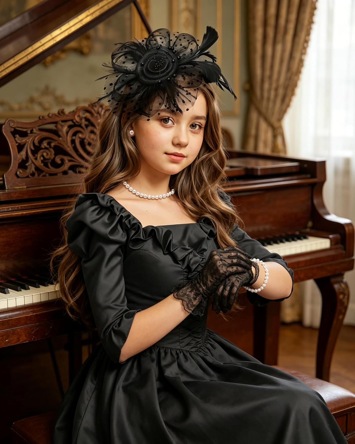 Girls Fascinator Tea Party Hat Set, Black, with Lace Gloves, Pearl Necklace, Bracelet and Earrings
