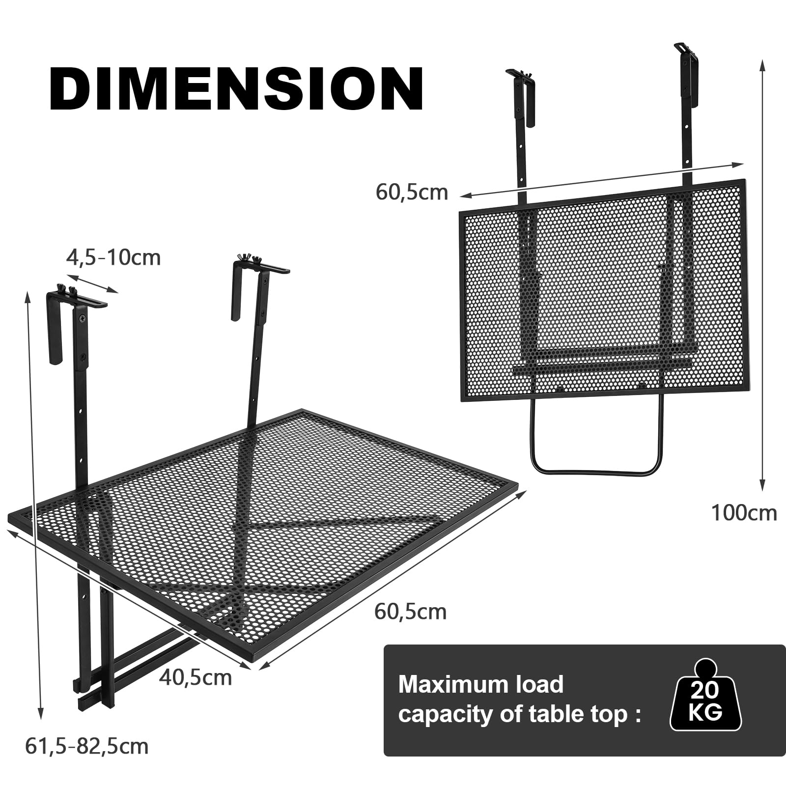 KOMFOTTEU Balkontafel, inklapbaar en weerbestendig, balkonhangtafel, in hoogte verstelbaar in 3 niveaus, tuintafel, klaptafel tot 30 kg, kleine hangtafel voor buiten en binnen (zwart