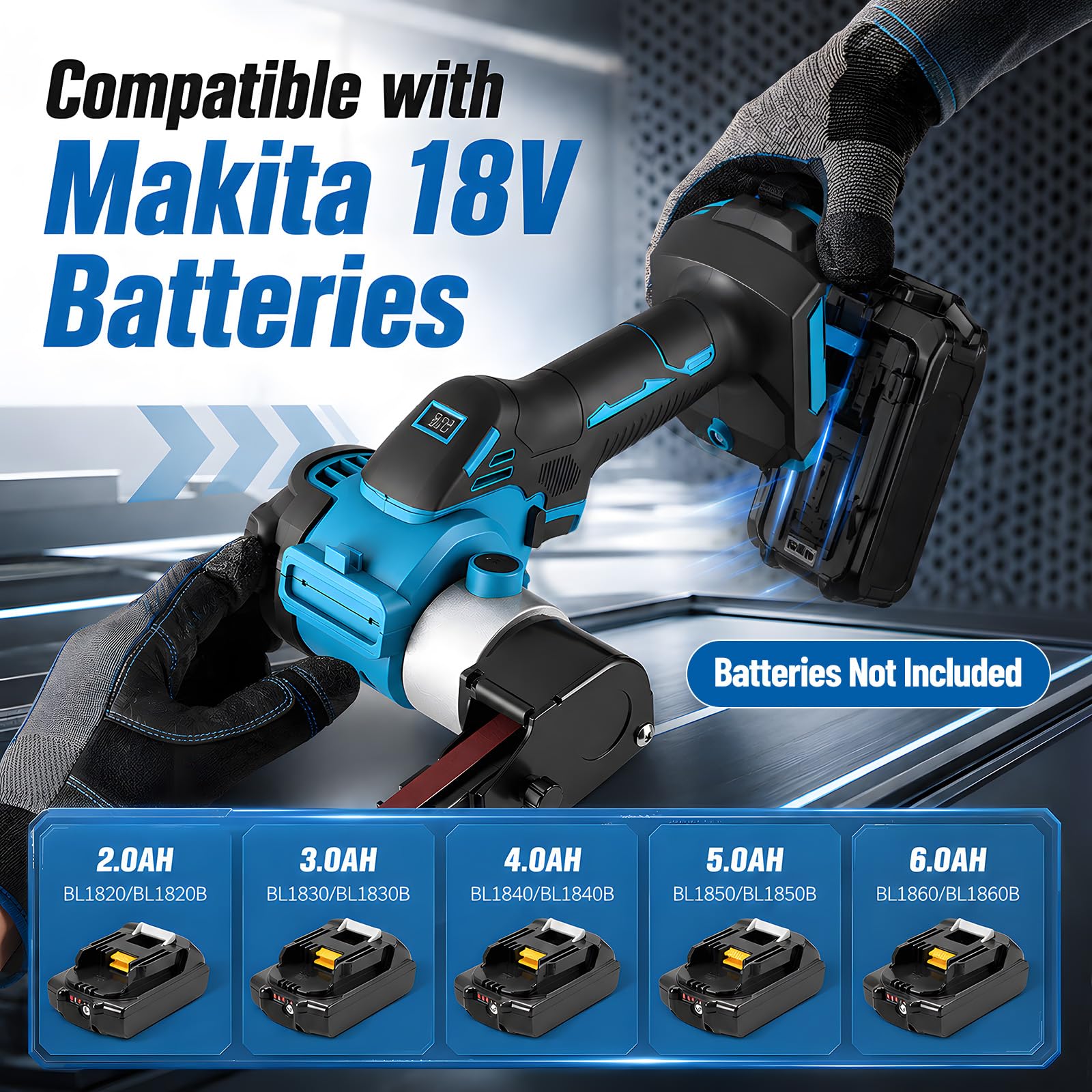 Levigatrice a nastro a batteria compatibile con Makita 18 V, lima a nastro senza spazzole con 20 nastri abrasivi, levigatrice elettrica a nastro per legno, metallo, plastica, braccio regolabile a 360°