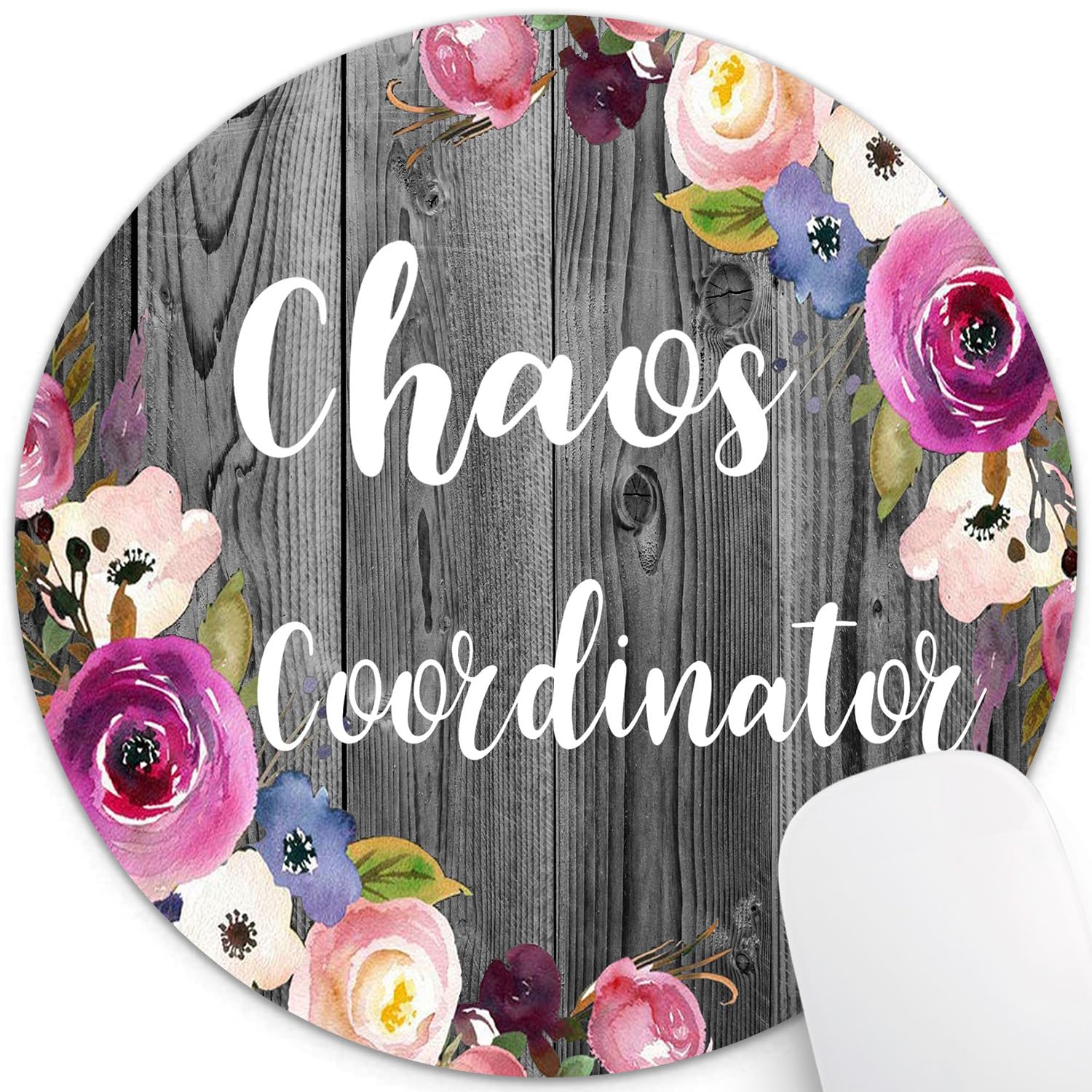 knseva Chaos Coordinator Quote Round Mouse Pad, Vintage Floral Rustic Dark Grey Wood Grain Circular Mouse Pads for Computers, Pink Purple Blue Flowers