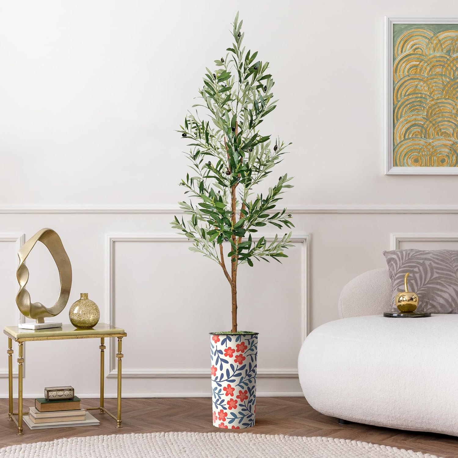 Artificial Tree in Contemporary Daisy Flower Pattern Planter, Fake Olive Silk Tree for Indoor and Outdoor Home Decoration - 68" Overall Tall (Plant Pot Plus Tree)