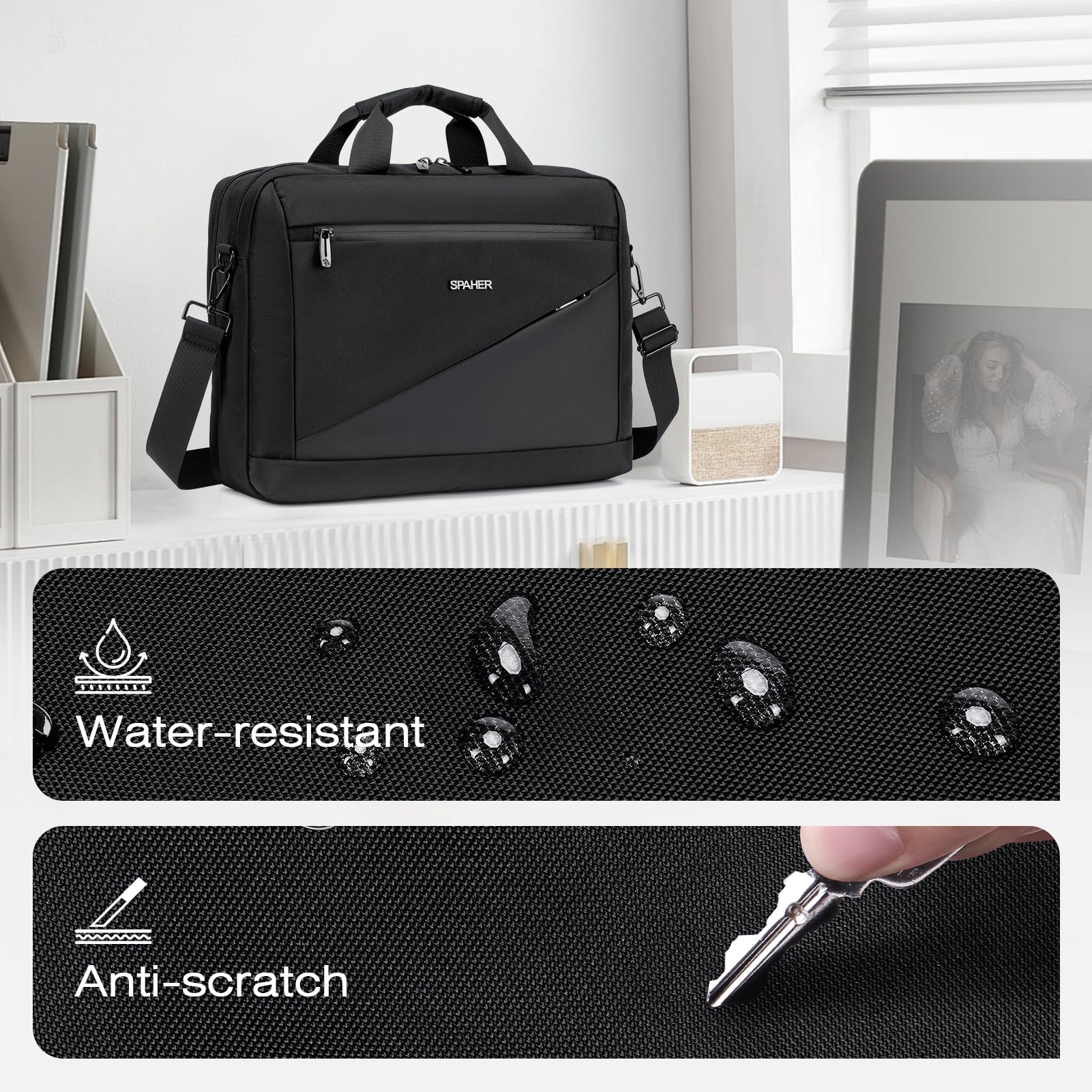 SPAHER Bolso Bandolera Portátil 15,6/16 Pulgadas Maletin Portatil Bolsa de Transporte para Ordenador Bolsa de Mensajero de Hombro Laptop Trabajo Bolsa Ordenador Portatil, Negro