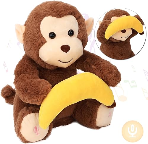 Hopearl Peek A Boo Mono con plátano interactivo repite lo que dices, juguete de peluche musical que canta y habla, adorable animal eléctrico animado