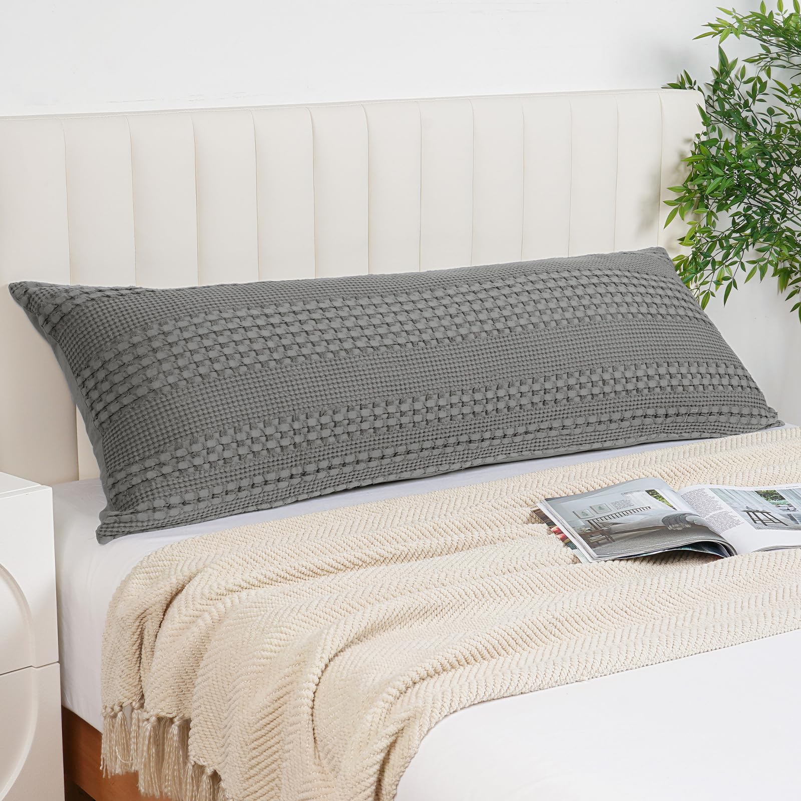 phf 100% cotton waffle body pillowcase with zipper, 1 pack 20" x 54" soft skin-friendly pillow sham, no filling, aesthetic woven and breathable waffle weave body pillow cover for bed, dark grey