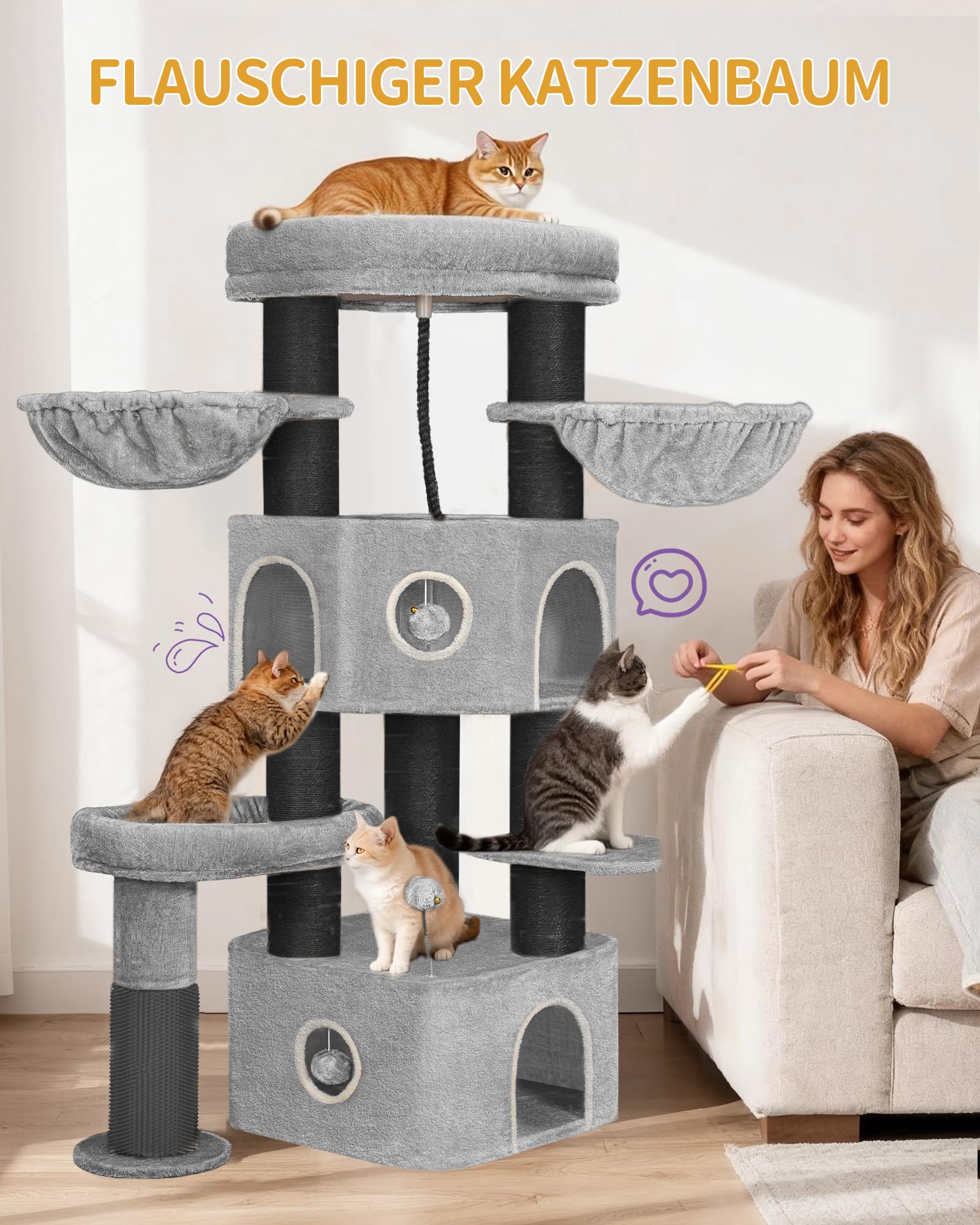 Hzuaneri Kratzbaum, 163 cm Katzenbaum, 11 cm d Dicke Sisalstämme, für Große Katze, 2 Höhlen, Geräumige Plattform, Plüschball, Katzenbürste, Mehrstöckiger Katzenkratzbaum, Hellgrau Schwarz MS16318BG