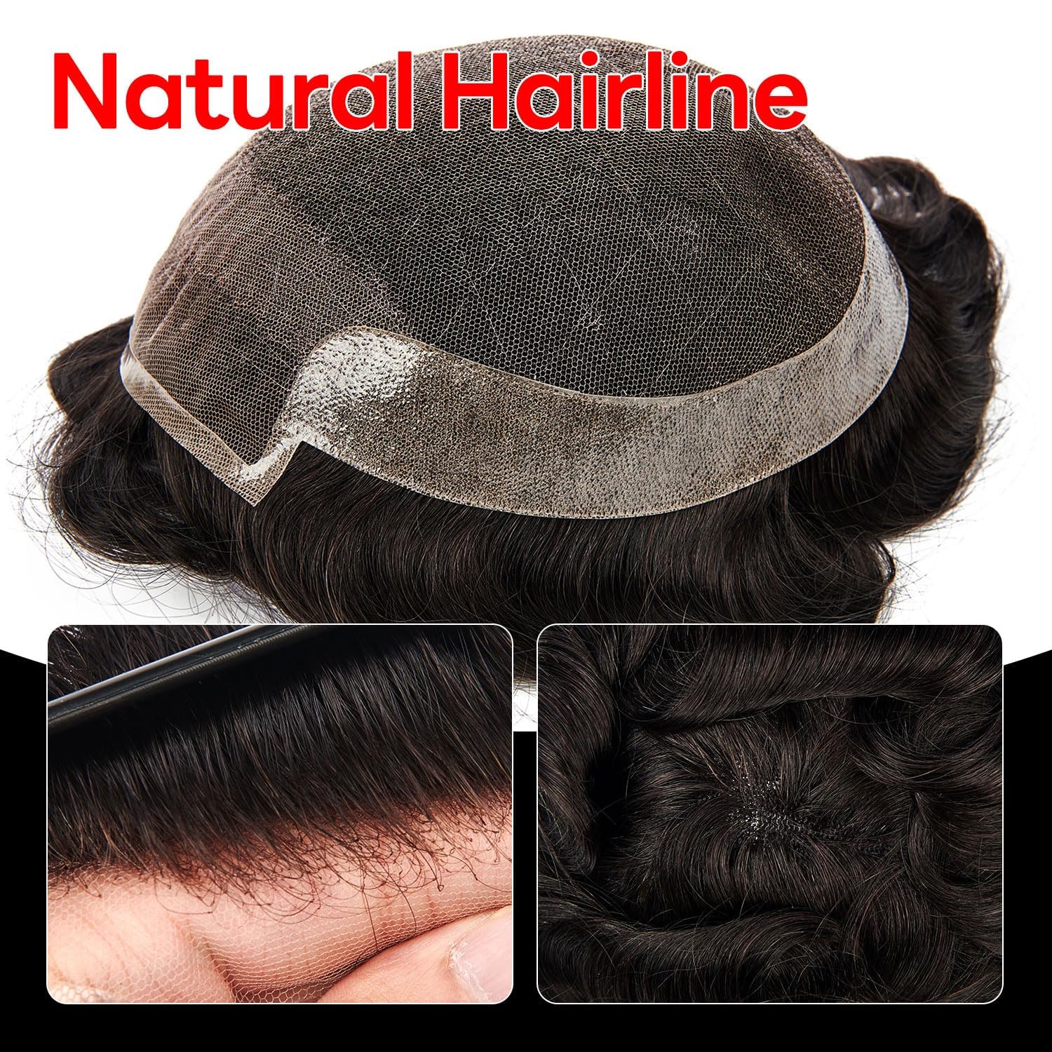 Skinlike Real HD Lace Human Hair Toupee for Men, 6x8 Inch Lace Front with Thin Skin Back and Side Q6B Mens Hair Piece, Mens Wig 1# Jet Black