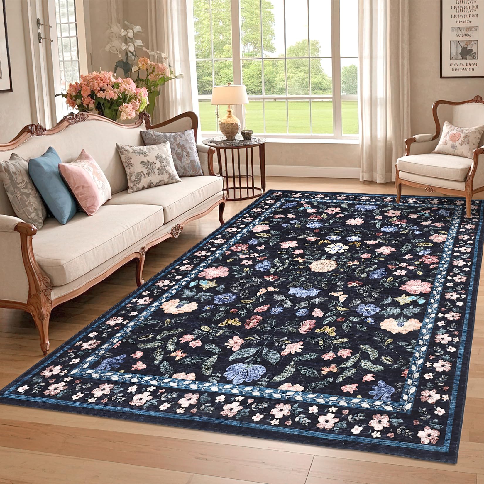 CAROMIO 160x230 cm Soft Large Floral Rug, Washable Non-Slip Farmhouse Carpet for Living Room, Low Pile Foldable Area Rug for Bedroom, Dining and Nursery, Dark Grey Blue