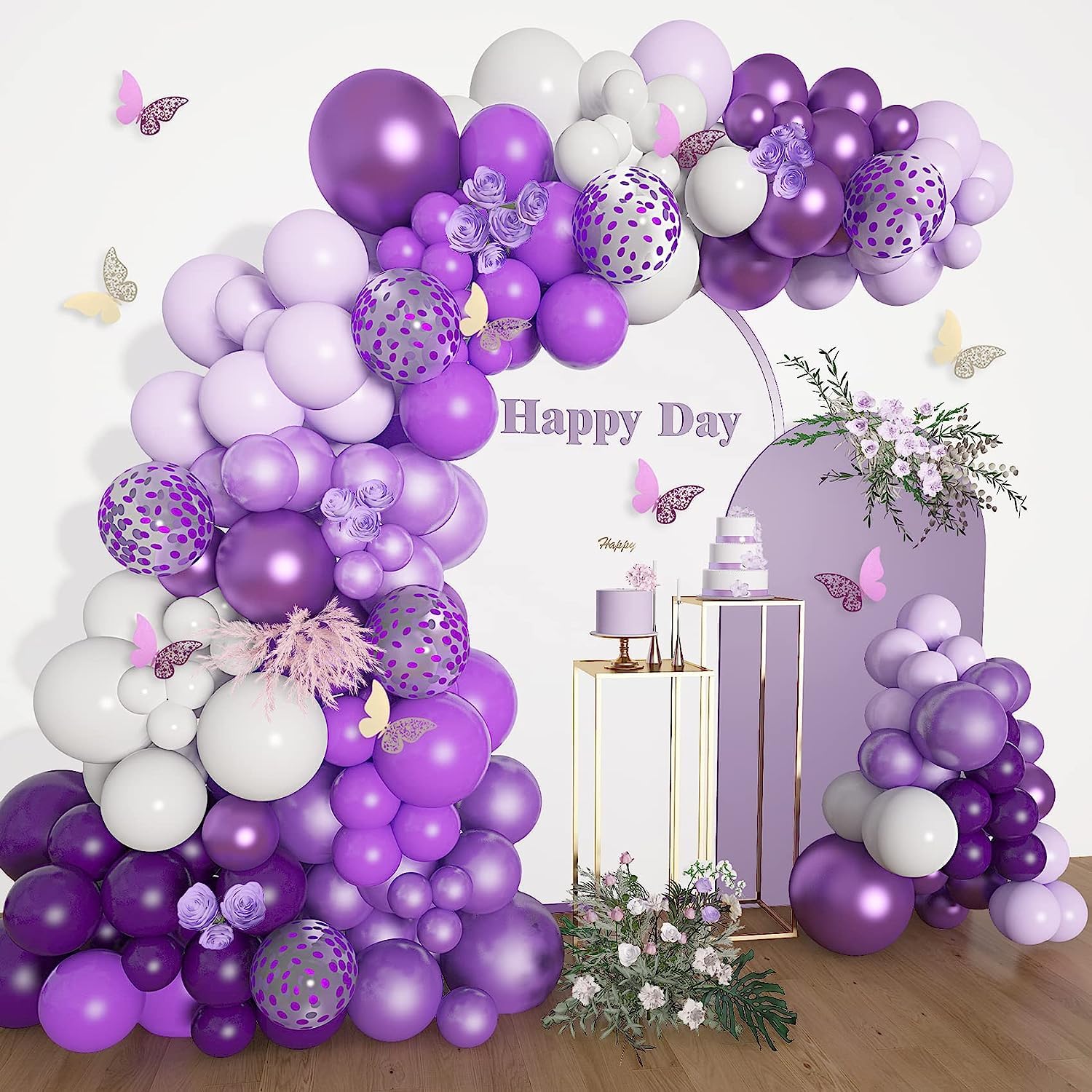 152pcs Purple Balloons Garland Arch Kit, Purple White Confetti Latex Metallic Balloons with Paper Butterfly for Baby Shower Wedding Birthday Party Decorations Supplies