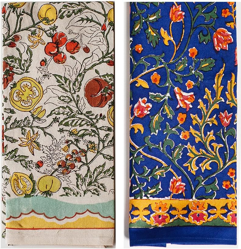 Tomato Hand Printed Cotton Tea Towel, 2 Pieces, Blue