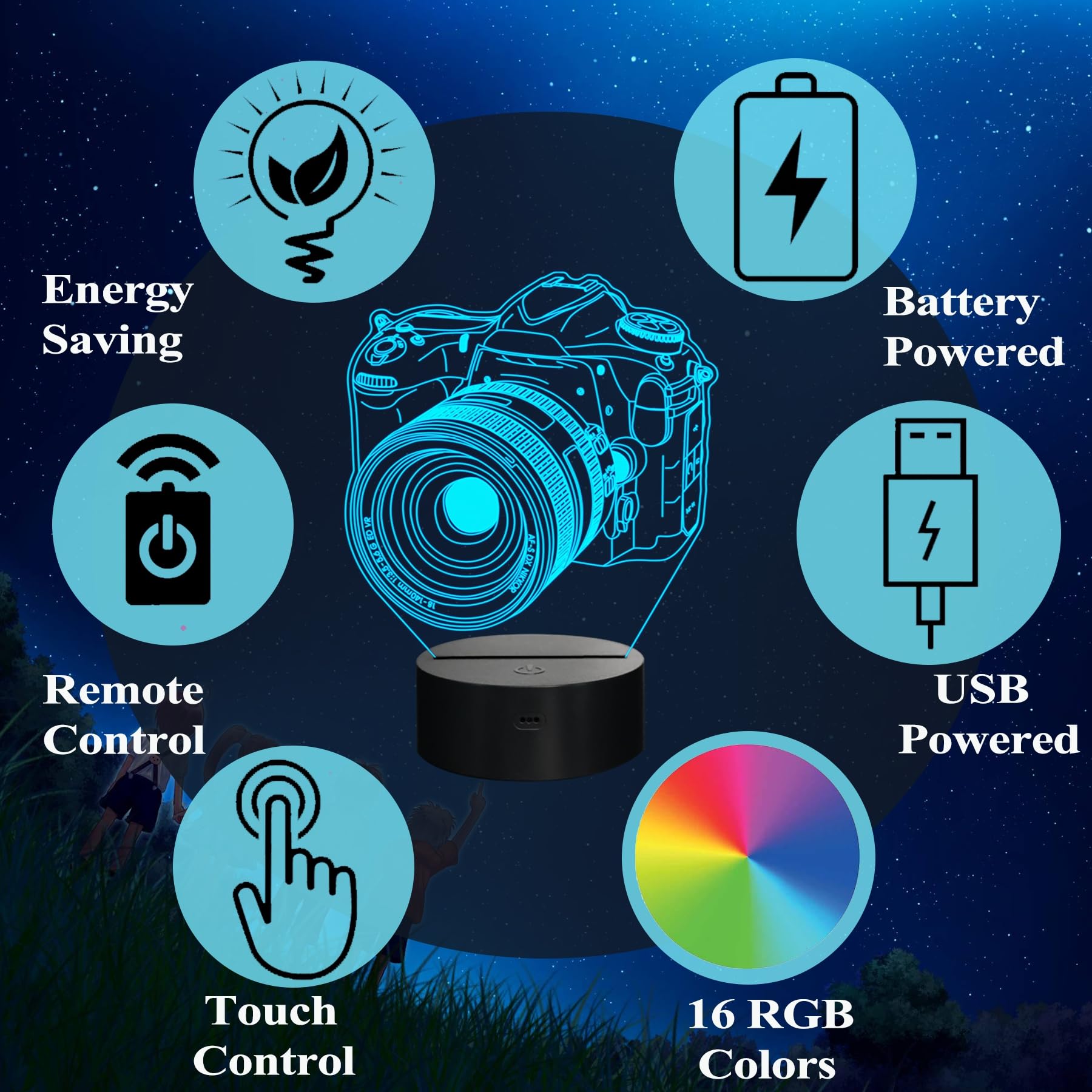 POSSHE Photographer Gifts for Men Camera 3D Night Light with Remote Control, 16 Colors Changing, RGB Flashing Mode, Dimmable - Image 4