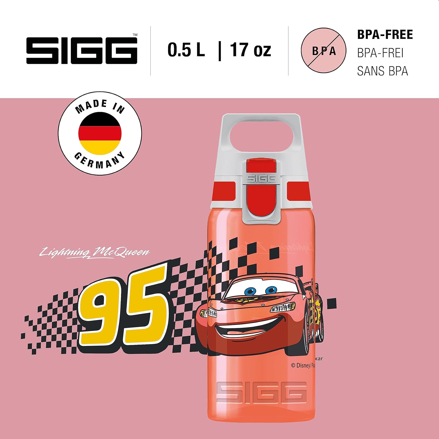 Sigg - Sports Water Bottle for Kids - Viva One Cars (Disney) - Suitable for Carbonated Drinks - Leak-Proof - Dishwasher Safe - BPA Free - for School & Sports - Red - Lightning McQueen Design - 0.5L
