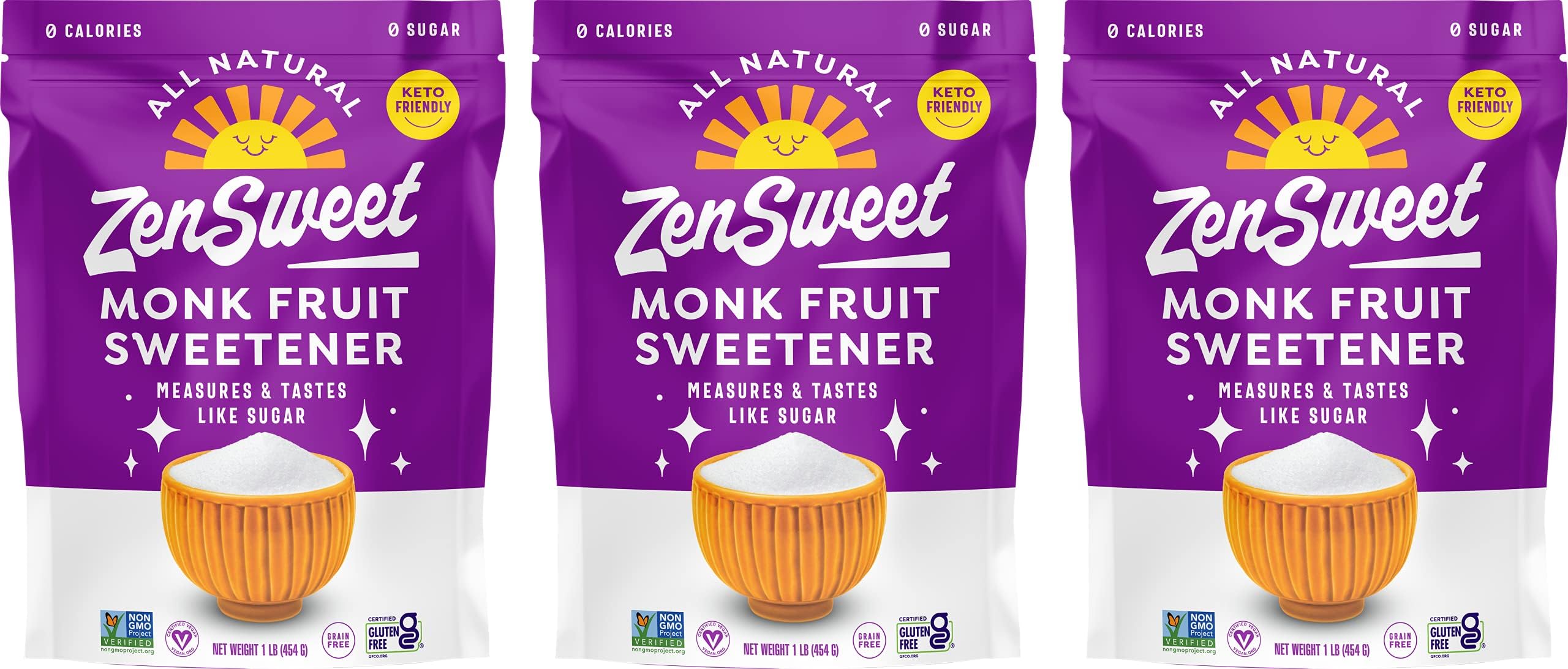 ZenSweet Monk Fruit Sweetener - 1:1 Sugar Substitute - 1lb, 3 Packs - Zero Calorie, Zero Glycemic Index - Grain-Free and Gluten-Free, Non-GMO, Vegan, and Keto Sweetener - For Cooking and Baking