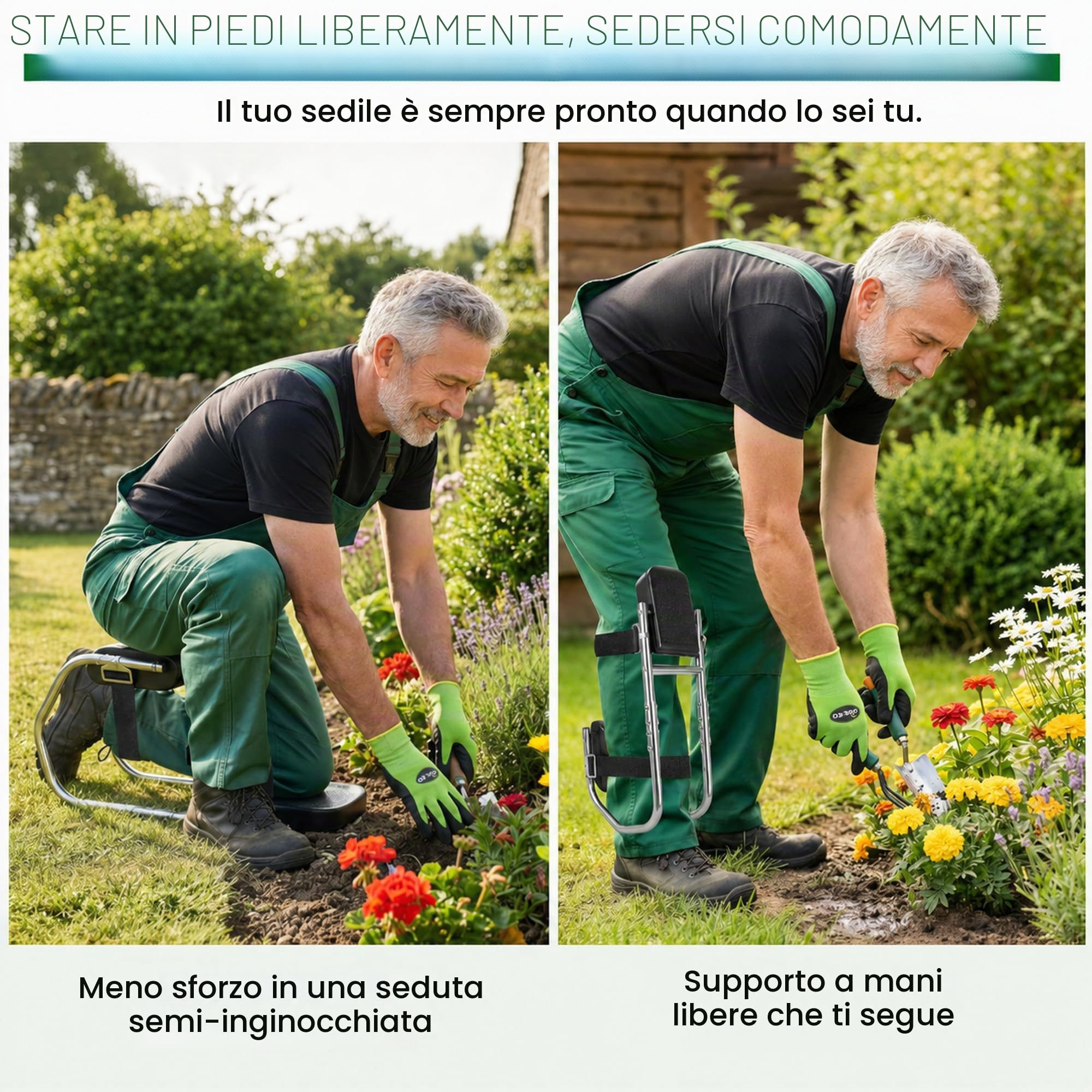 Ginocchiera per giardinaggio, sedia in ginocchio con funzione di seduta, sgabello da giardino, regolabile, portatile, comfort per ginocchia da 160-195 cm di altezza, protezione per ginocchia