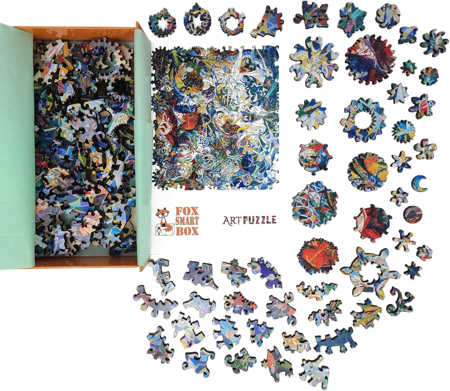 Wooden Puzzle for Adults - Uniquely Shaped Pieces - Made in The USA by FoxSmartBox - 195 Pieces - Battle of Lights